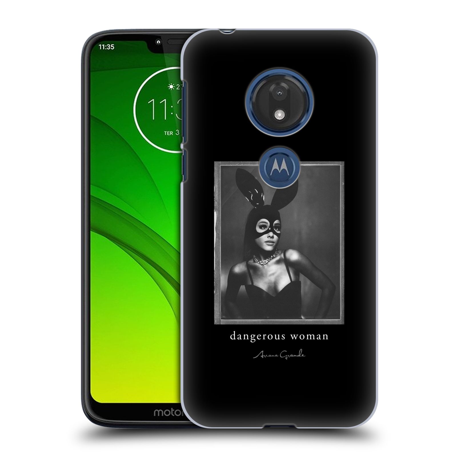 Pouzdro na mobil Motorola Moto G7 Play zpěvačka Ariana Grande Dangerous Woman černá zajíček převlek