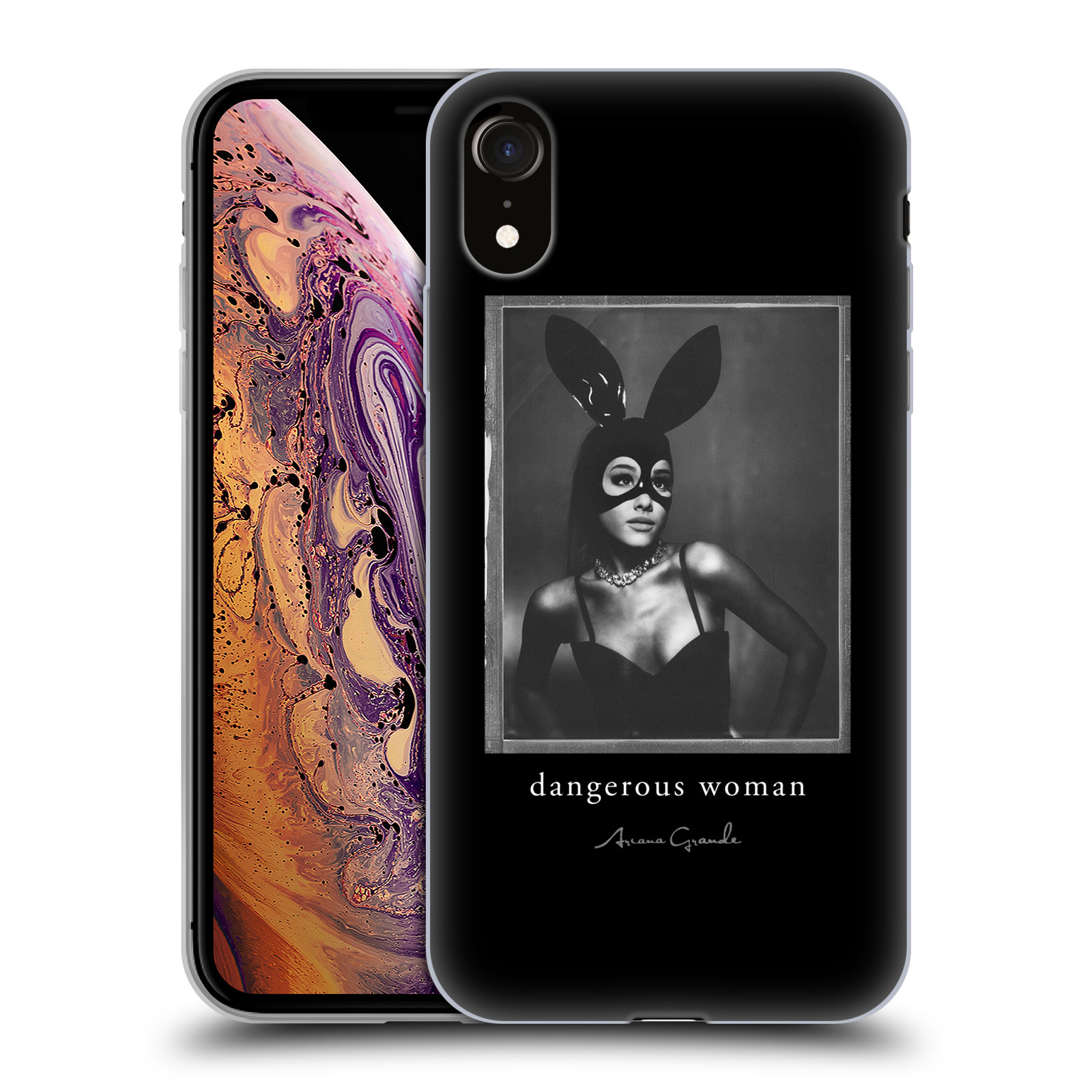 HEAD CASE silikon obal na mobil Apple Iphone XR zpěvačka Ariana Grande Dangerous Woman černá zajíček převlek