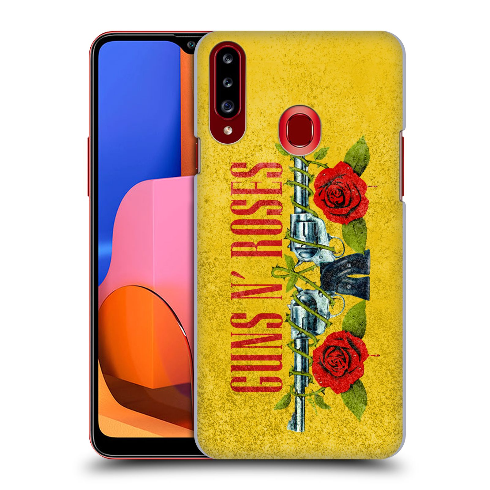 HEAD CASE plastový obal na mobil Samsung Galaxy A20s hudební skupina Guns N Roses pistole a růže žluté pozadí