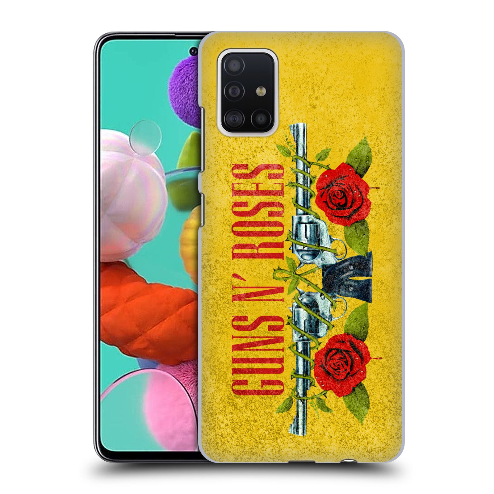 Pouzdro na mobil Samsung Galaxy A51 - HEAD CASE - hudební skupina Guns N Roses pistole a růže žluté pozadí