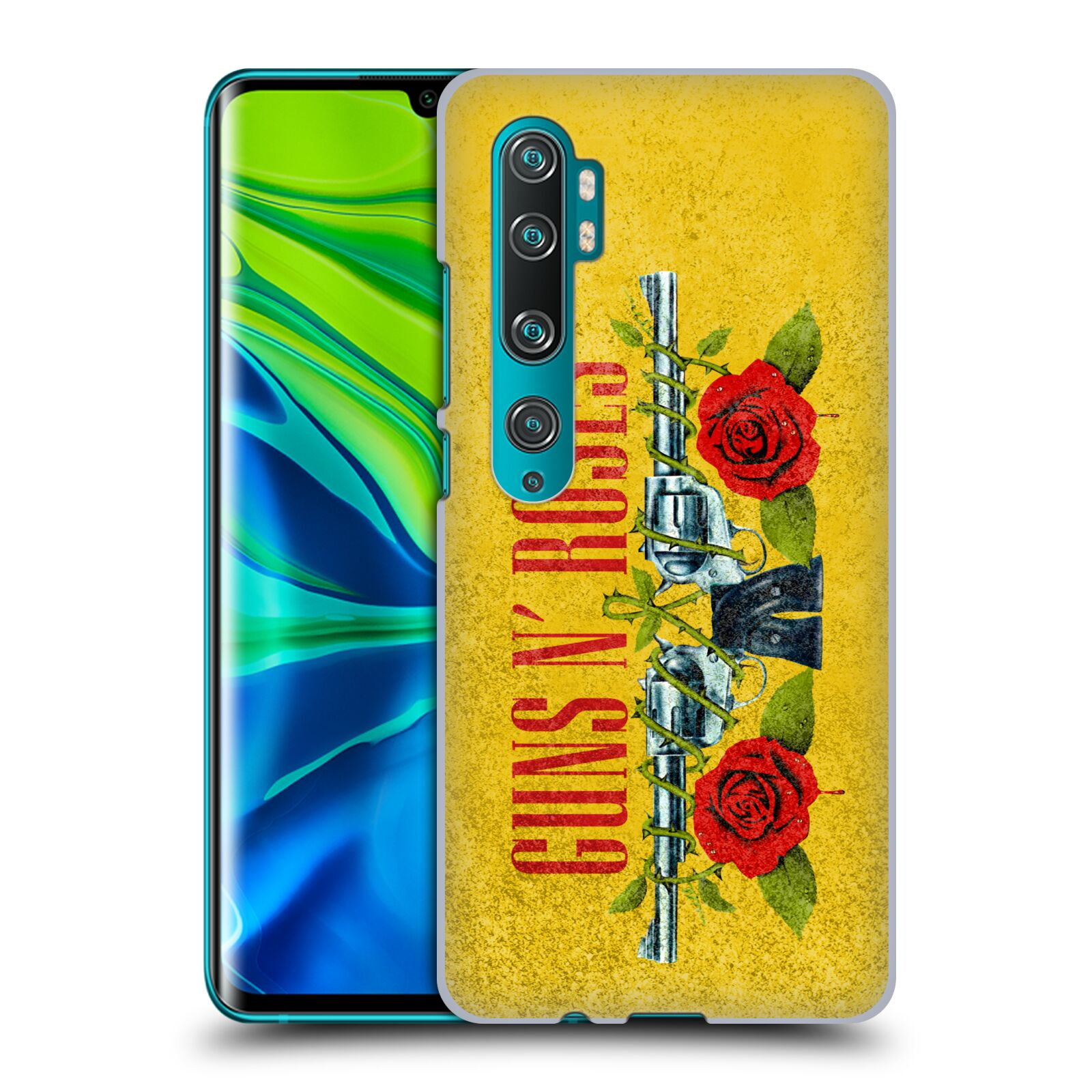 Pouzdro na mobil Xiaomi Mi Note 10 / Mi Note 10 PRO - HEAD CASE - hudební skupina Guns N Roses pistole a růže žluté pozadí