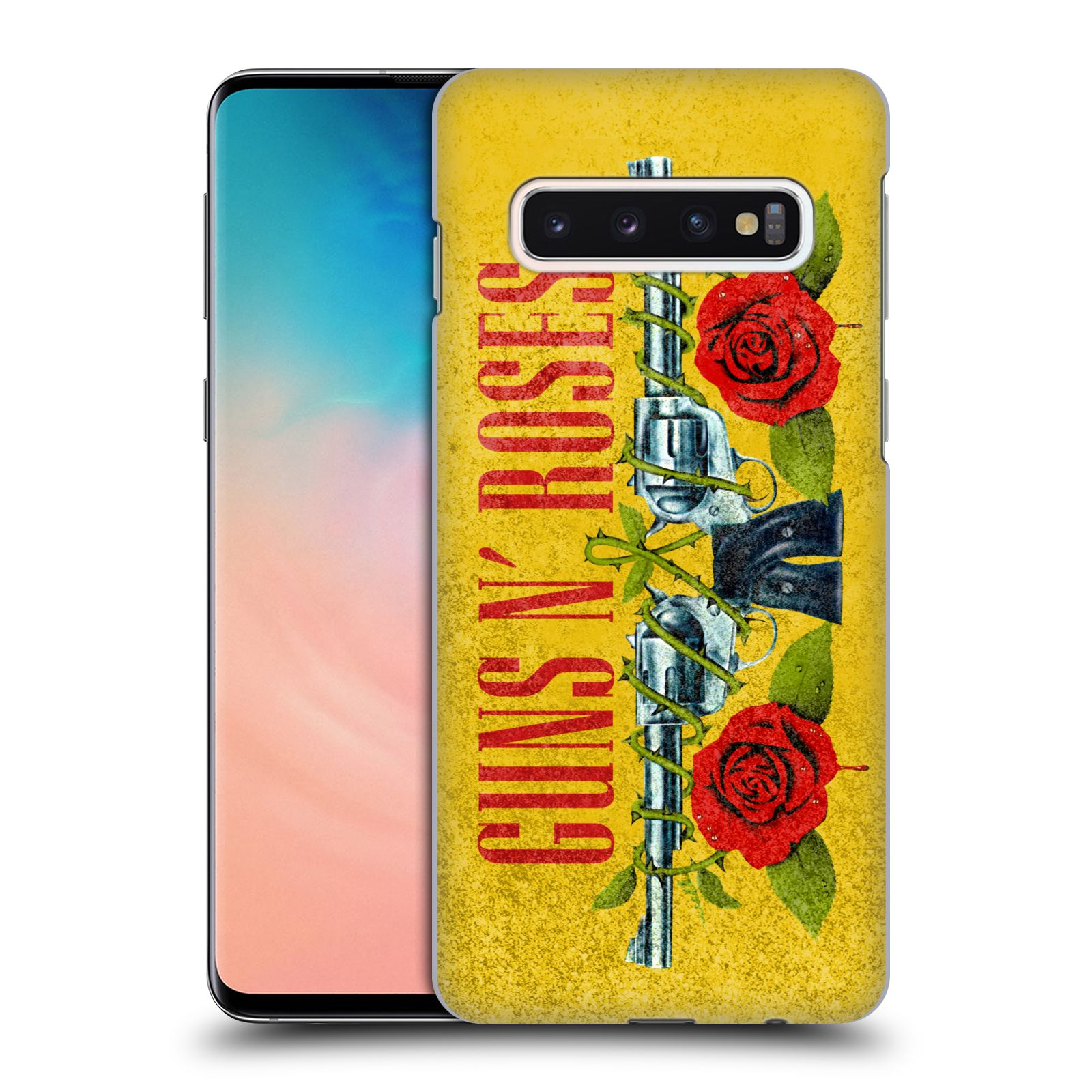 Pouzdro na mobil Samsung Galaxy S10 - HEAD CASE - hudební skupina Guns N Roses pistole a růže žluté pozadí