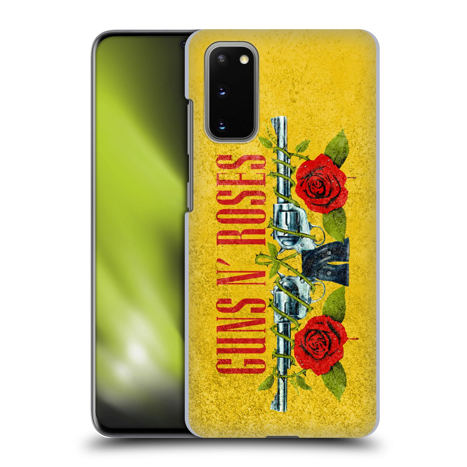 Pouzdro na mobil Samsung Galaxy S20 - HEAD CASE - hudební skupina Guns N Roses pistole a růže žluté pozadí