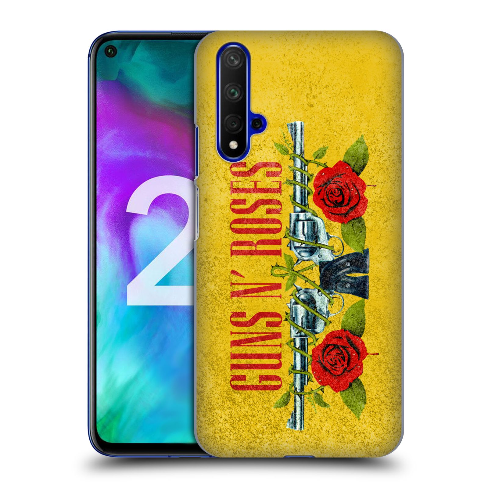 Pouzdro na mobil Honor 20 - HEAD CASE - hudební skupina Guns N Roses pistole a růže žluté pozadí