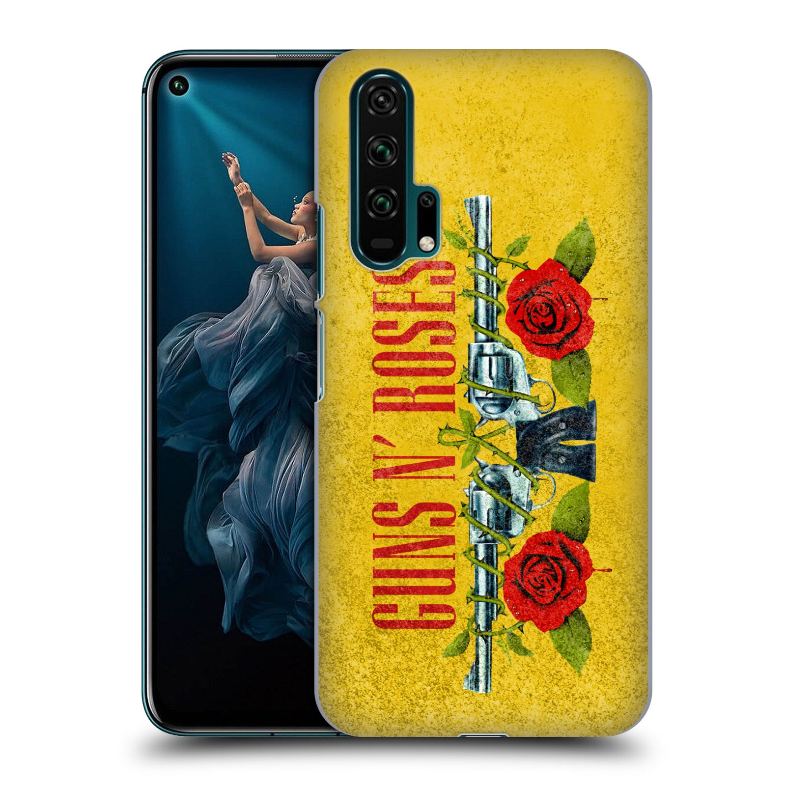 Pouzdro na mobil Honor 20 PRO - HEAD CASE - hudební skupina Guns N Roses pistole a růže žluté pozadí