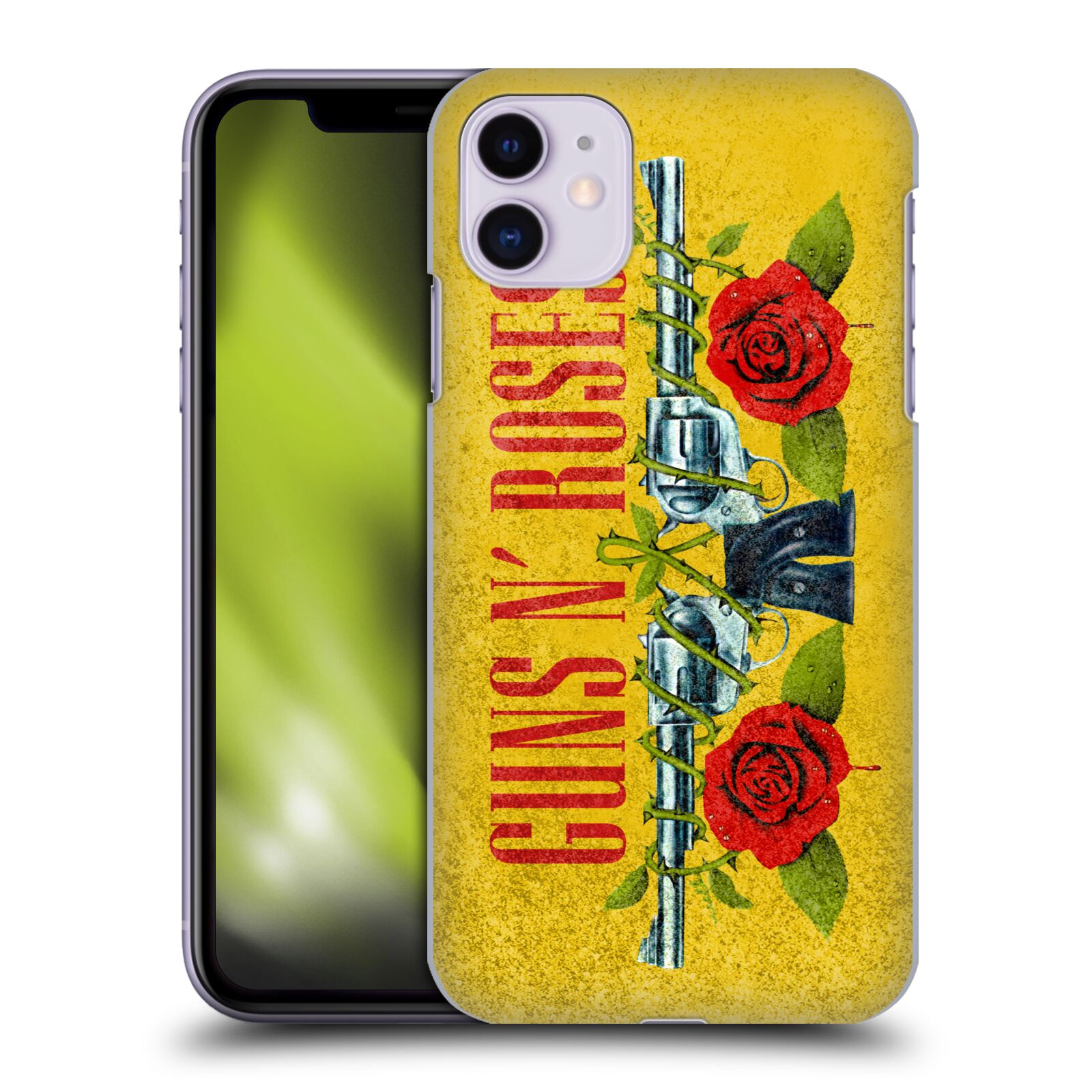 Pouzdro na mobil Apple Iphone 11 - HEAD CASE - hudební skupina Guns N Roses pistole a růže žluté pozadí