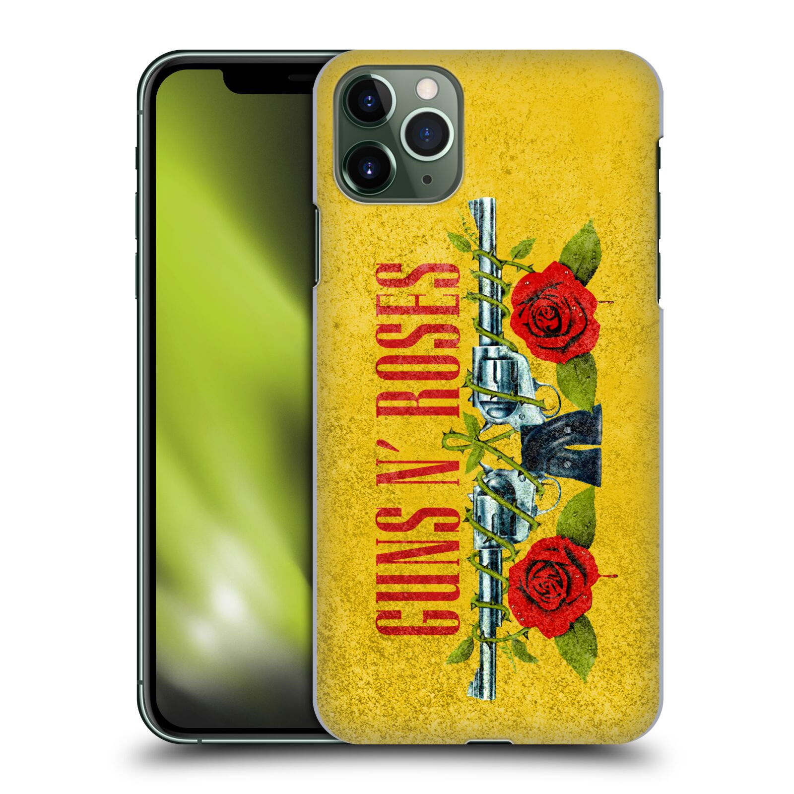 Pouzdro na mobil Apple Iphone 11 PRO MAX - HEAD CASE - hudební skupina Guns N Roses pistole a růže žluté pozadí