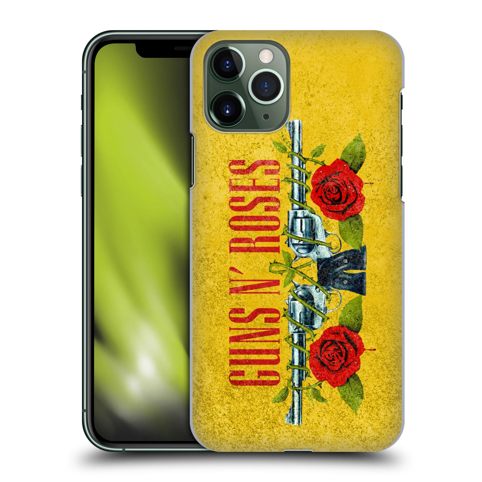 Pouzdro na mobil Apple Iphone 11 PRO - HEAD CASE - hudební skupina Guns N Roses pistole a růže žluté pozadí