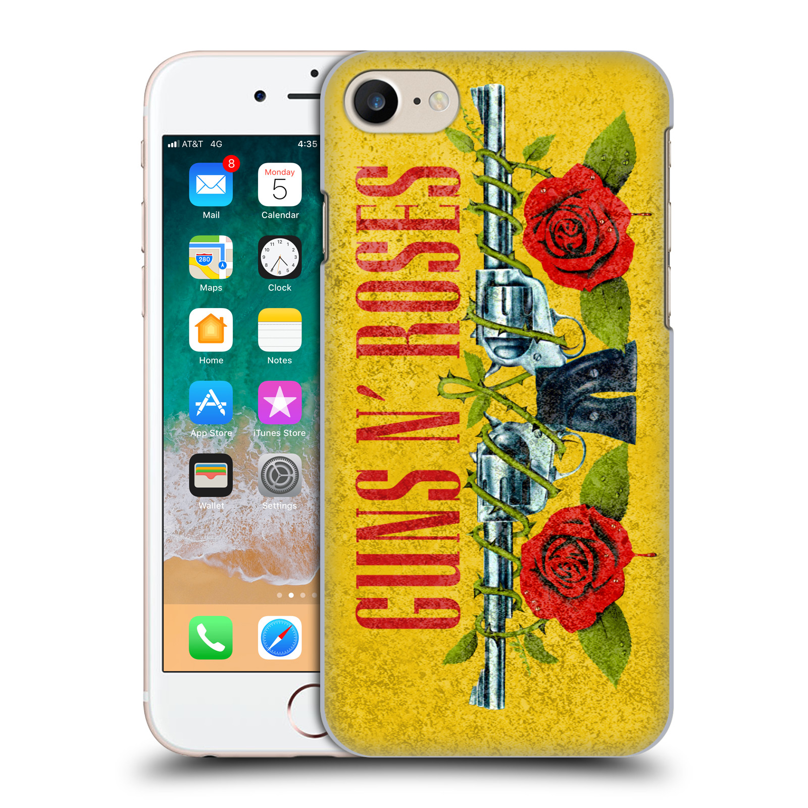 Plastové pouzdro pro mobil Apple Iphone 7/8/SE 2020 hudební skupina Guns N Roses pistole a růže žluté pozadí