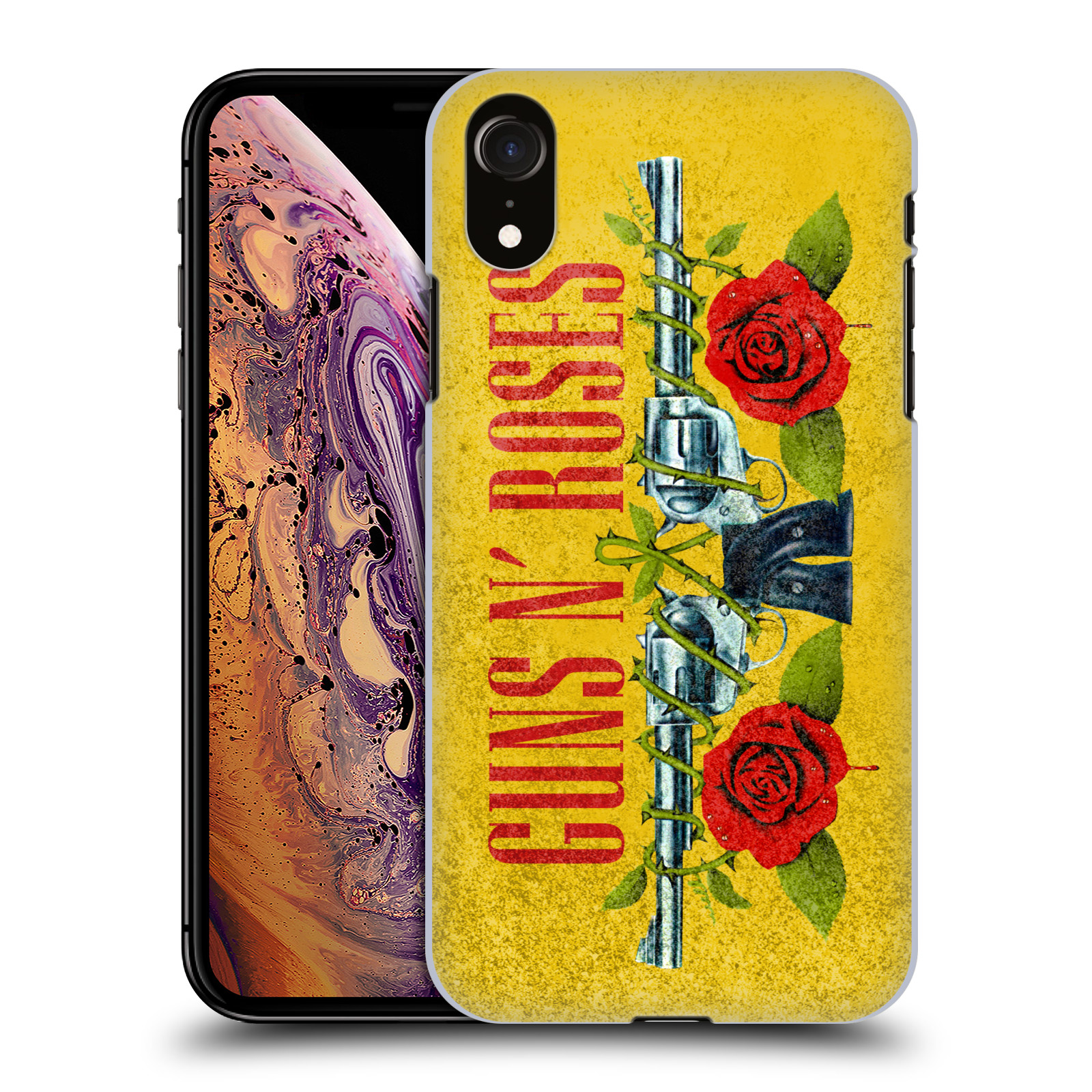 HEAD CASE plastový obal na mobil Apple Iphone XR hudební skupina Guns N Roses pistole a růže žluté pozadí