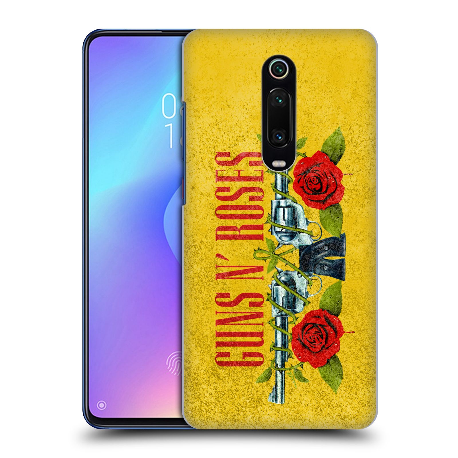 Pouzdro na mobil Xiaomi Mi 9T PRO - HEAD CASE - hudební skupina Guns N Roses pistole a růže žluté pozadí