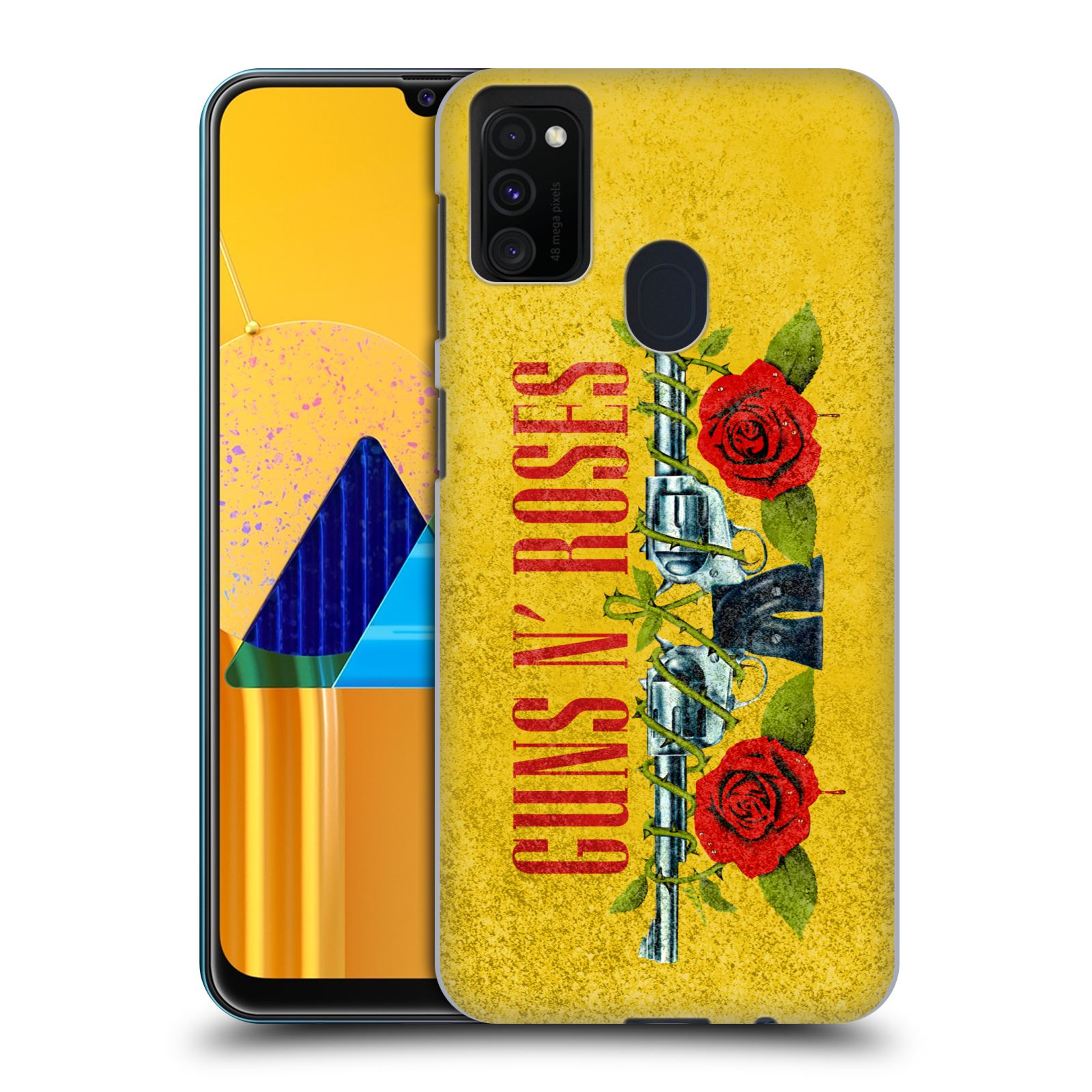 Zadní kryt na mobil Samsung Galaxy M21 hudební skupina Guns N Roses pistole a růže žluté pozadí