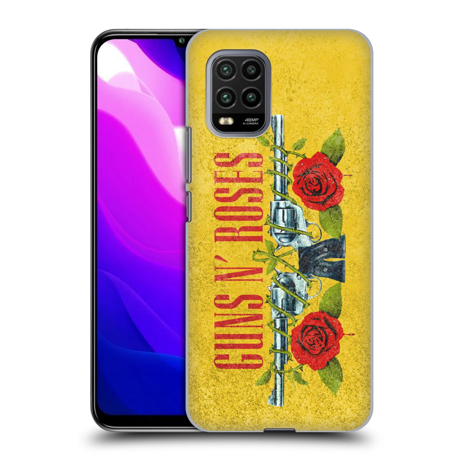 Zadní kryt, obal na mobil Xiaomi Mi 10 LITE hudební skupina Guns N Roses pistole a růže žluté pozadí