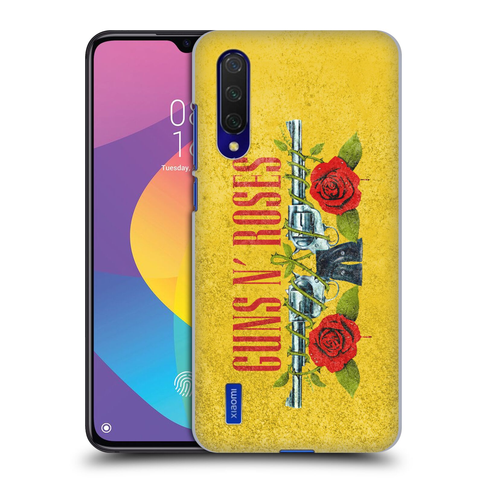 Zadní kryt na mobil Xiaomi MI 9 LITE hudební skupina Guns N Roses pistole a růže žluté pozadí