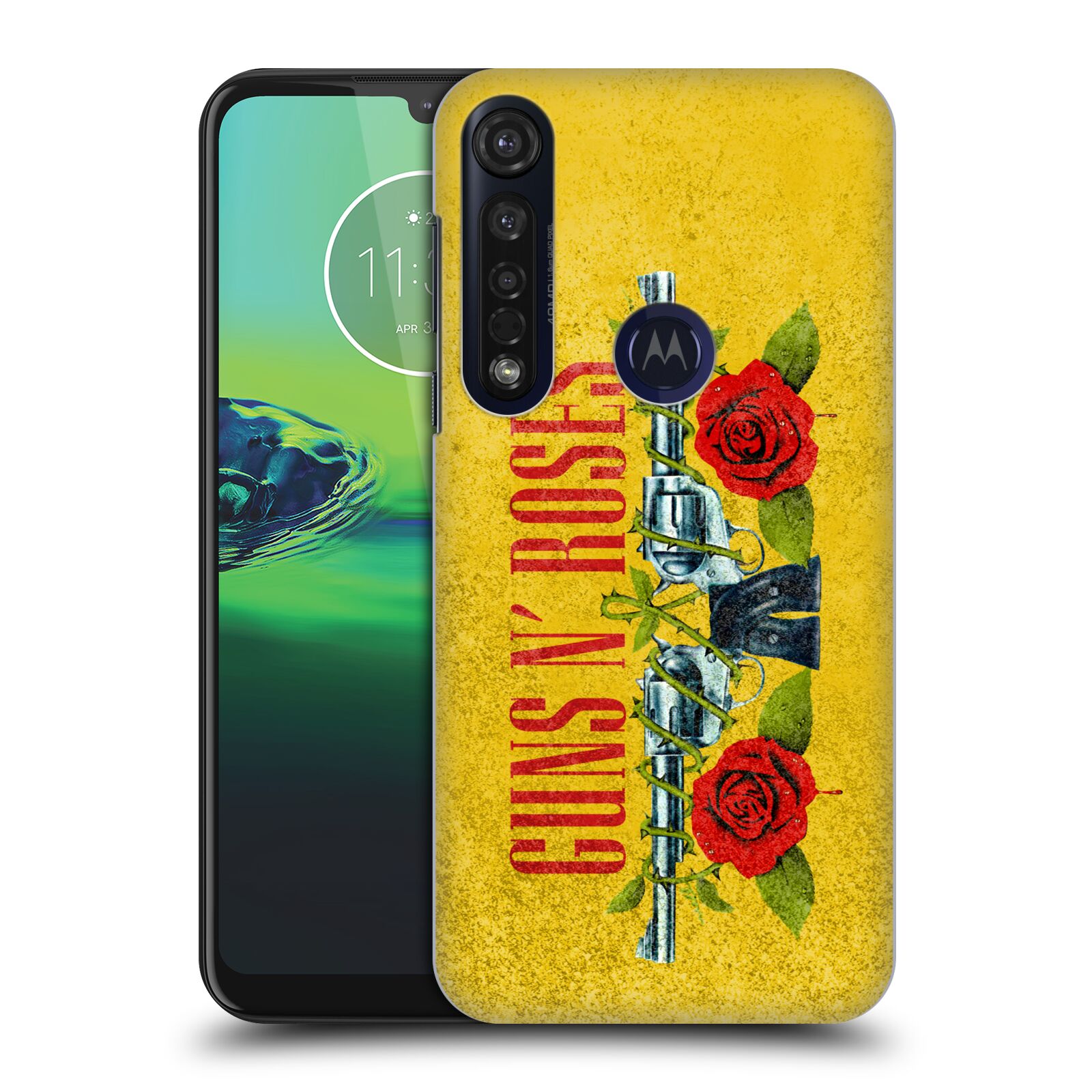 Pouzdro na mobil Motorola Moto G8 PLUS - HEAD CASE - hudební skupina Guns N Roses pistole a růže žluté pozadí