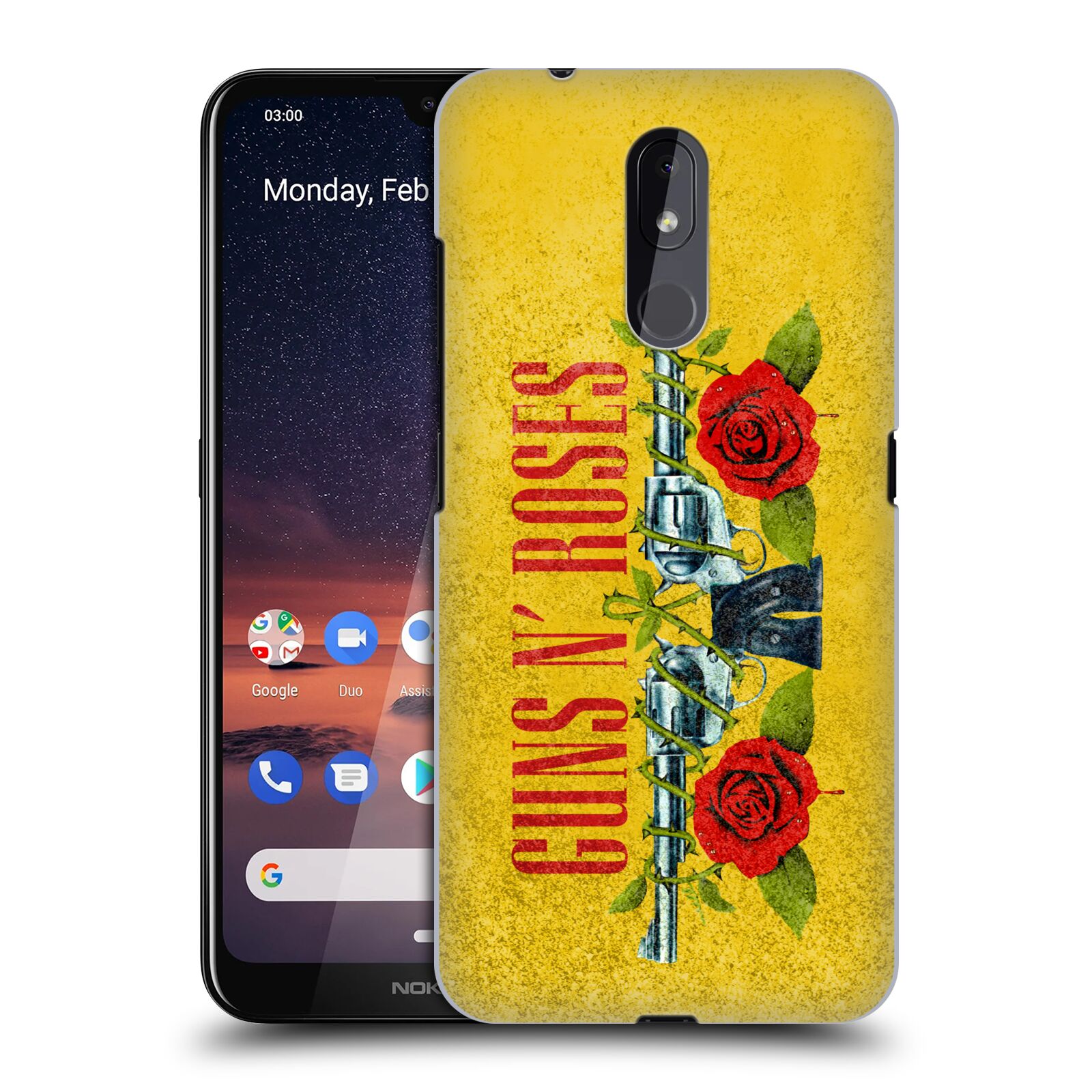 Pouzdro na mobil Nokia 3.2 - HEAD CASE - hudební skupina Guns N Roses pistole a růže žluté pozadí
