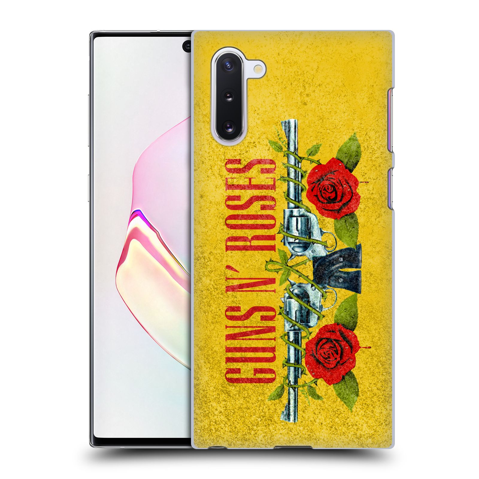 Pouzdro na mobil Samsung Galaxy Note 10 - HEAD CASE - hudební skupina Guns N Roses pistole a růže žluté pozadí