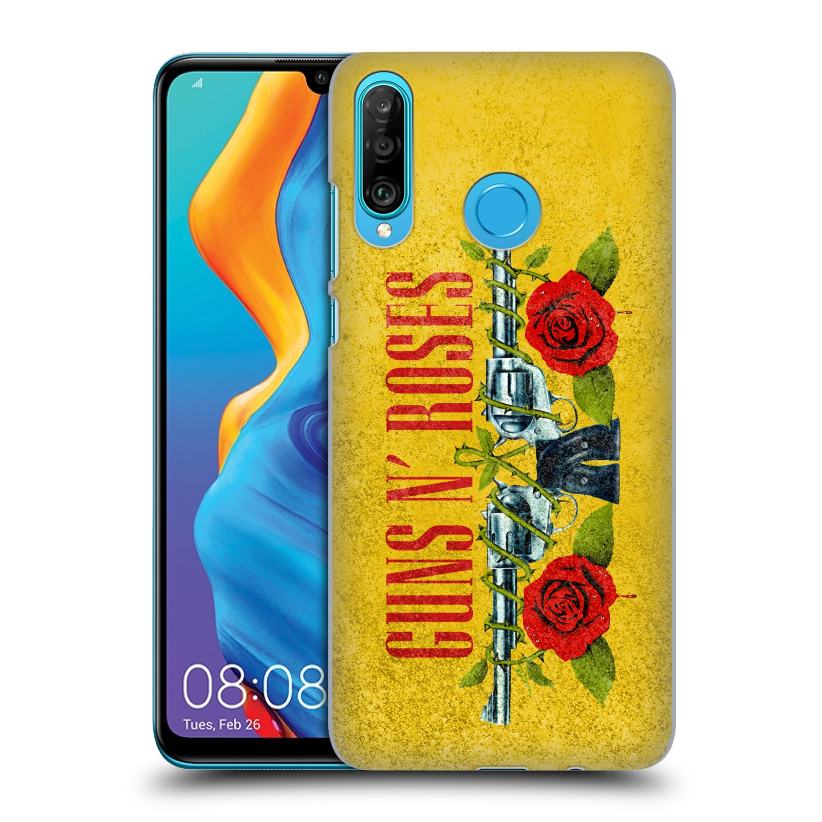 Pouzdro na mobil Huawei P30 LITE - HEAD CASE - hudební skupina Guns N Roses pistole a růže žluté pozadí