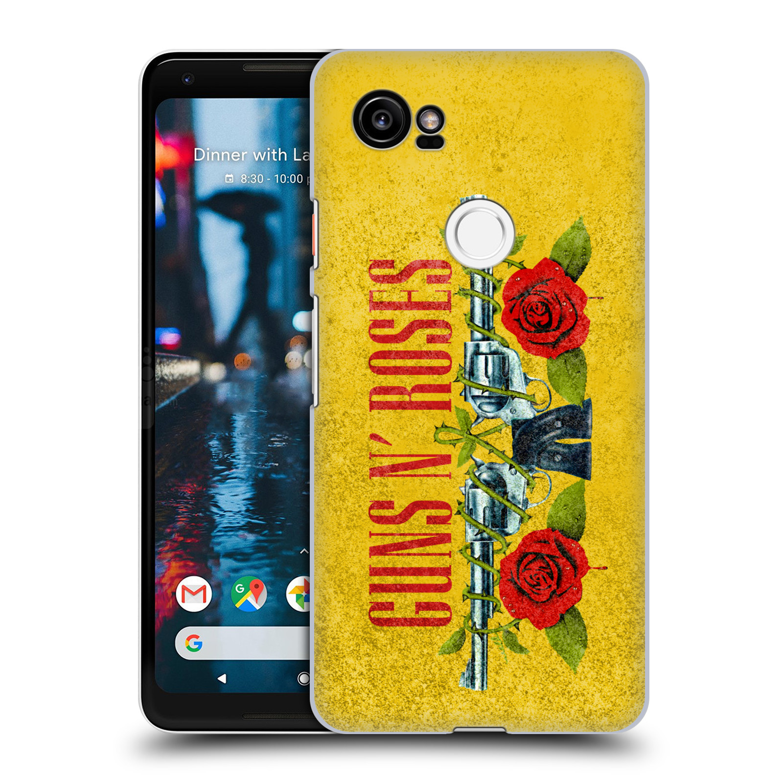 HEAD CASE plastový obal na mobil Google Pixel 2 XL hudební skupina Guns N Roses pistole a růže žluté pozadí