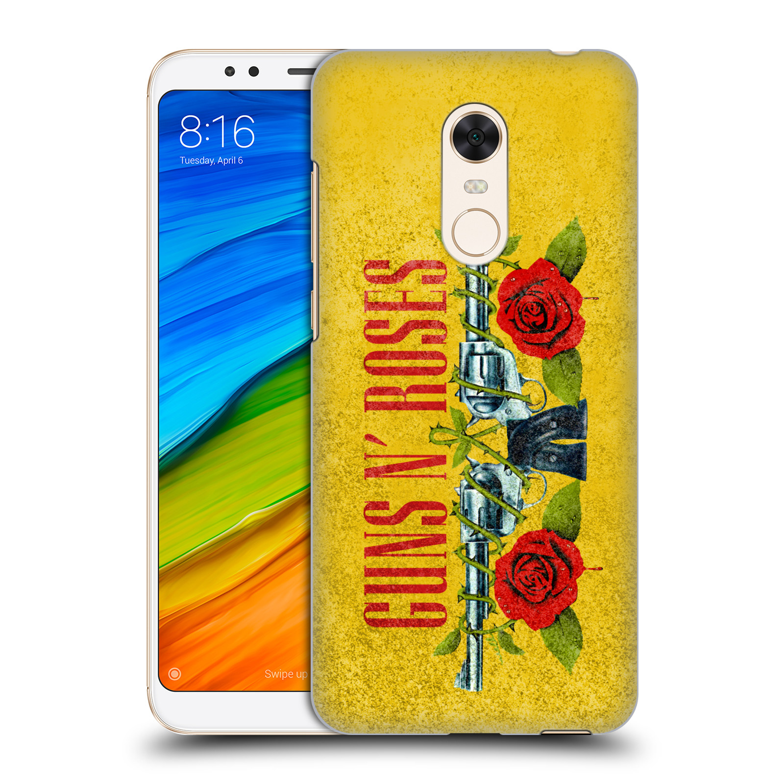 HEAD CASE plastový obal na mobil Xiaomi Redmi 5 PLUS hudební skupina Guns N Roses pistole a růže žluté pozadí