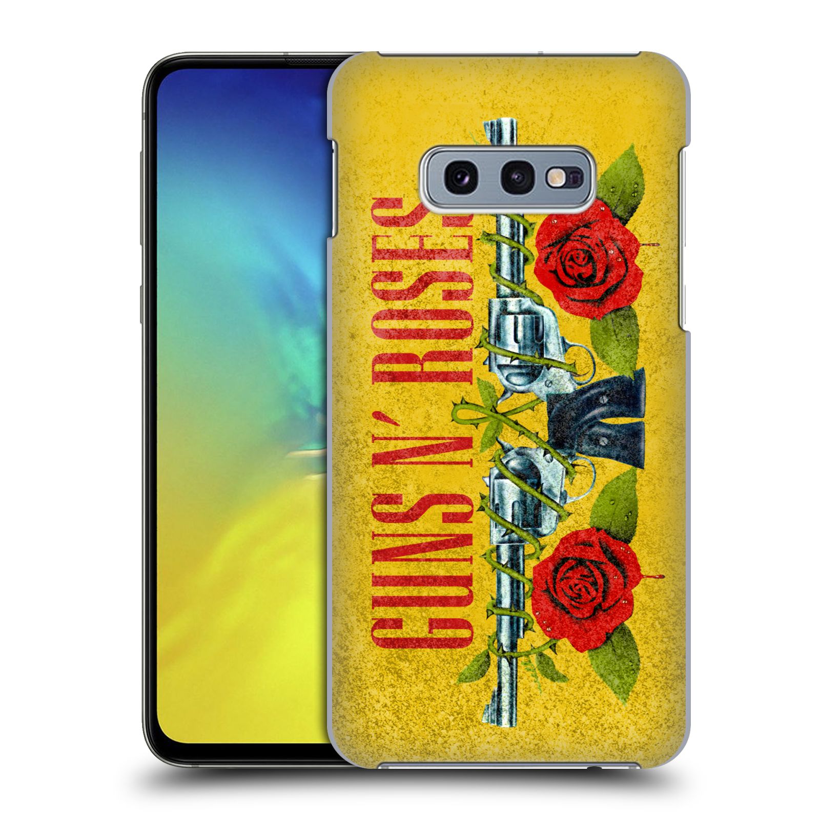 Pouzdro na mobil Samsung Galaxy S10e - HEAD CASE - hudební skupina Guns N Roses pistole a růže žluté pozadí
