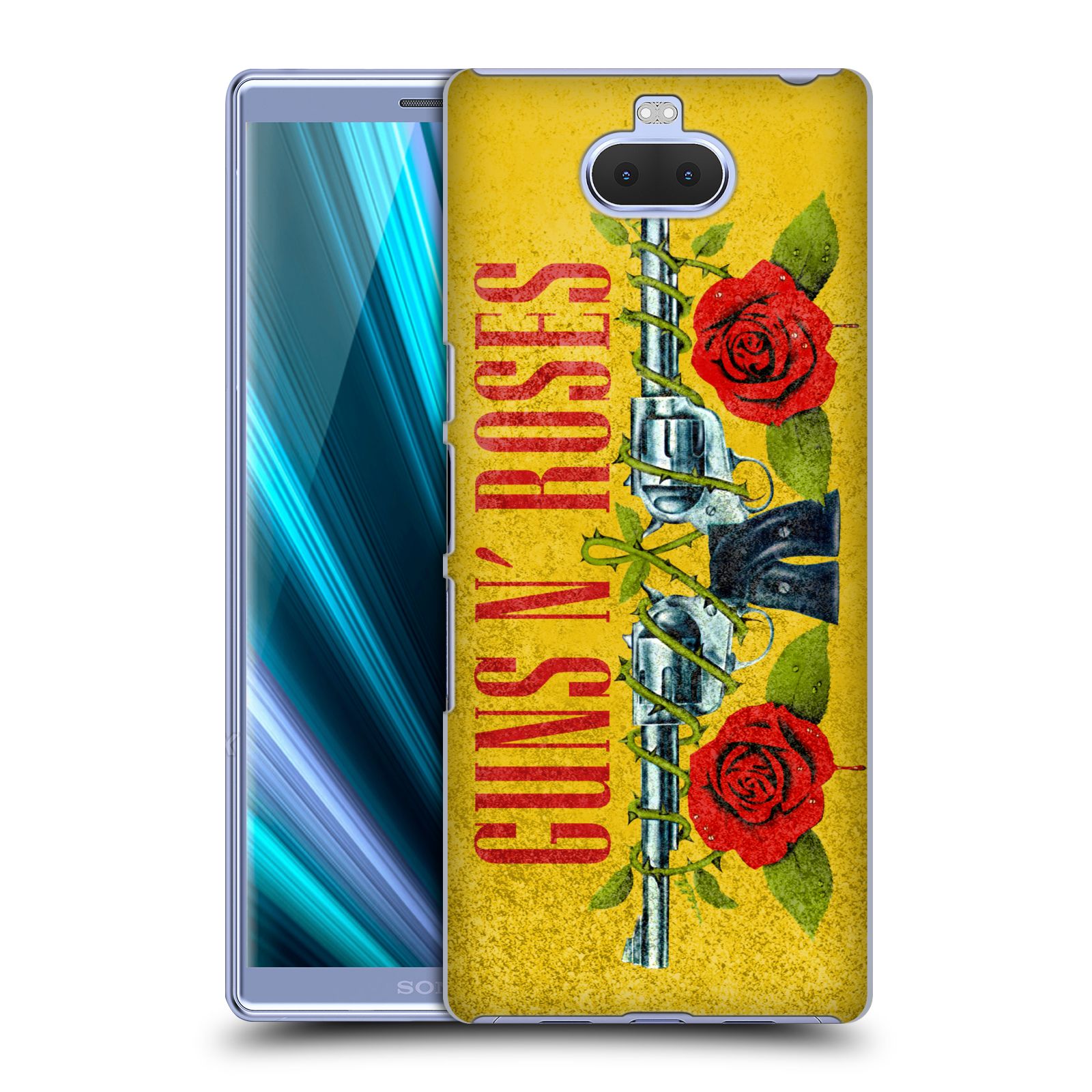 Pouzdro na mobil Sony Xperia 10 - Head Case - hudební skupina Guns N Roses pistole a růže žluté pozadí