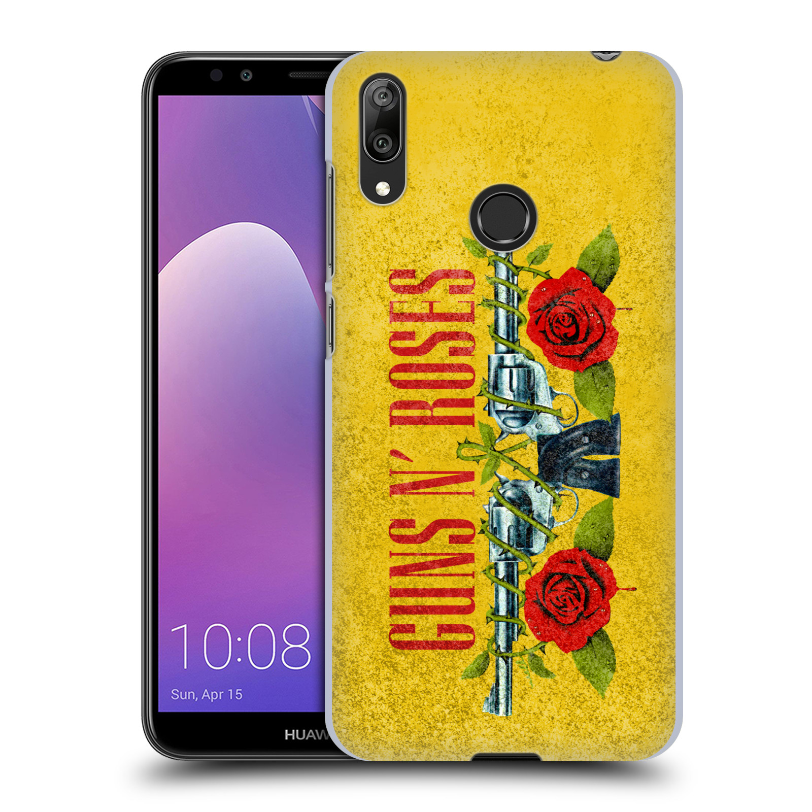 Pouzdro na mobil Huawei Y7 2019 - Head Case - hudební skupina Guns N Roses pistole a růže žluté pozadí