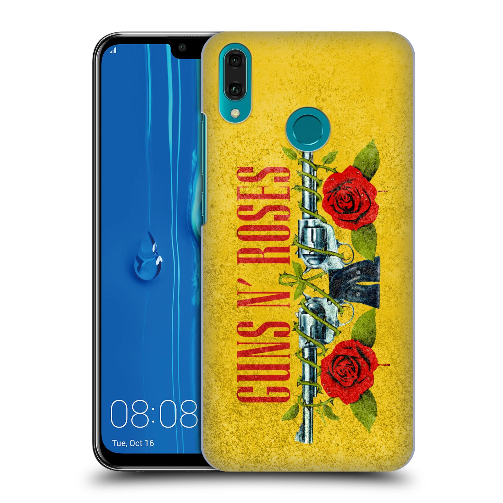 Pouzdro na mobil Huawei Y9 2019 - HEAD CASE - hudební skupina Guns N Roses pistole a růže žluté pozadí