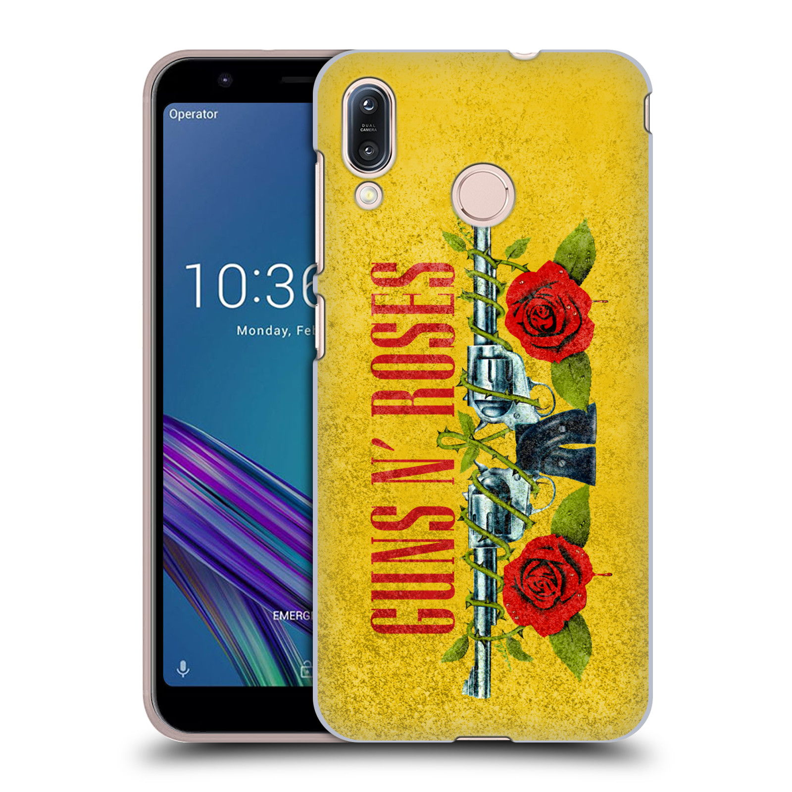 Pouzdro na mobil Asus Zenfone Max M1 (ZB555KL) - HEAD CASE - hudební skupina Guns N Roses pistole a růže žluté pozadí
