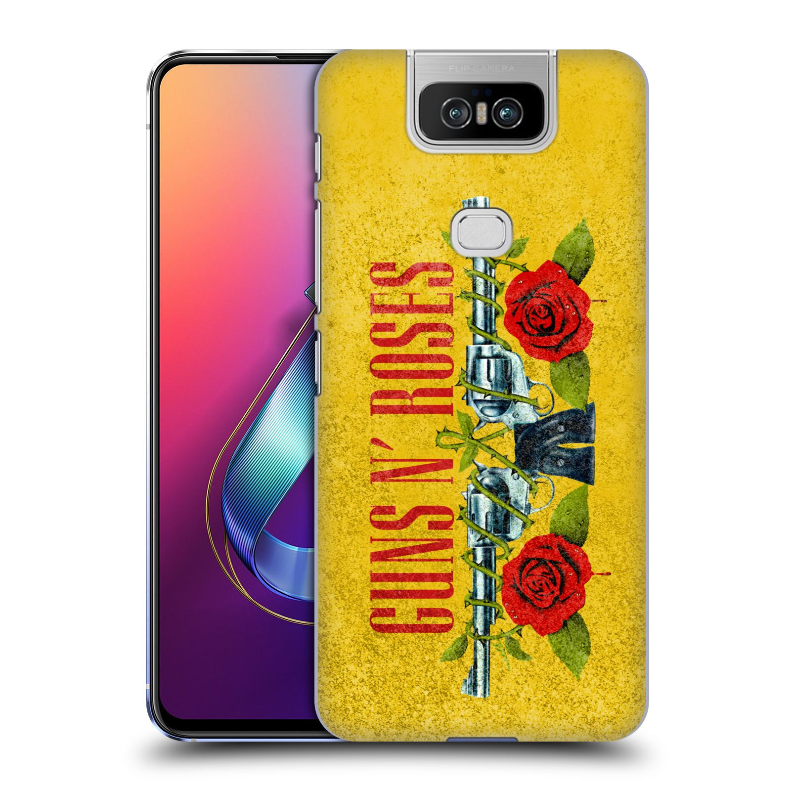 Pouzdro na mobil Asus Zenfone 6 ZS630KL - HEAD CASE - hudební skupina Guns N Roses pistole a růže žluté pozadí