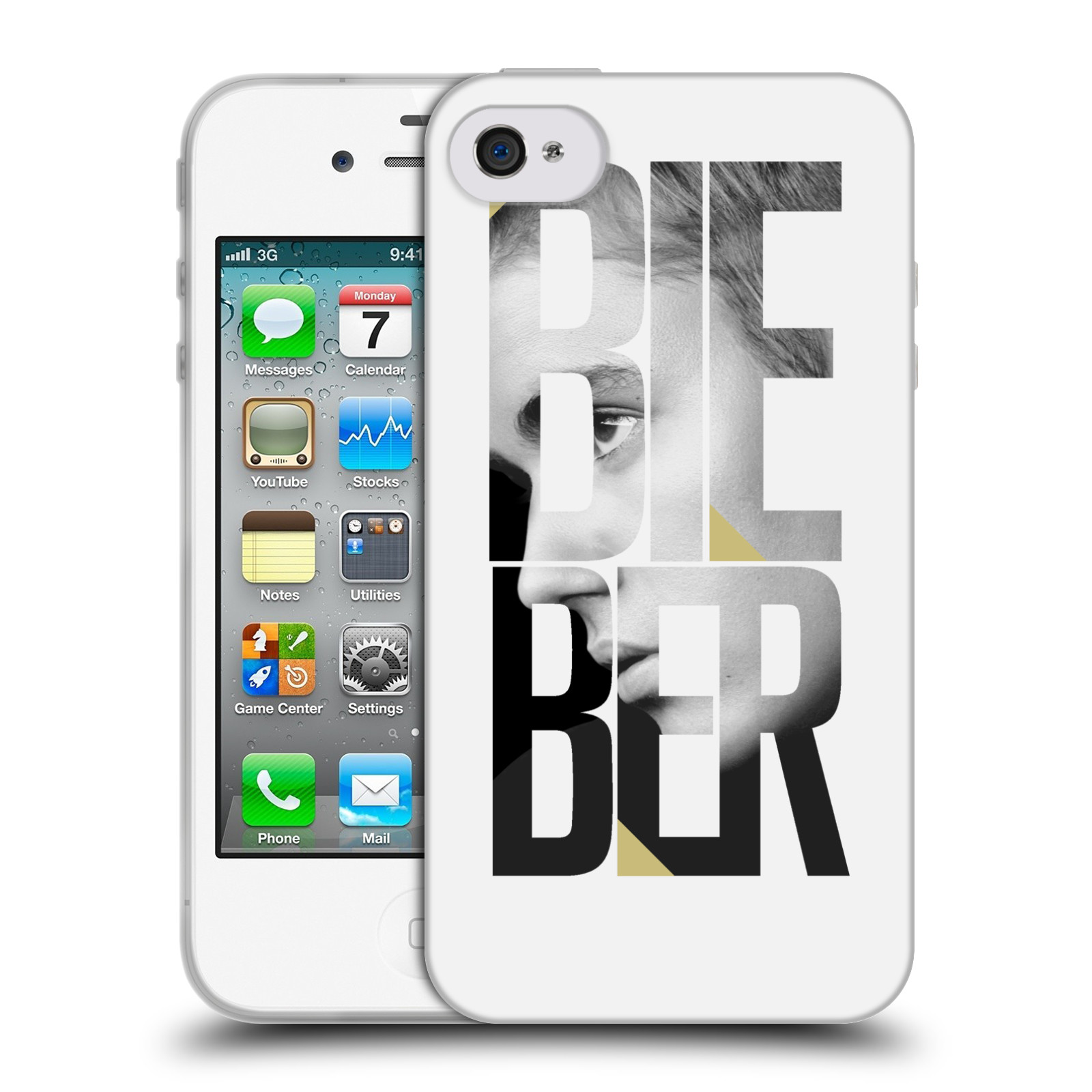 HEAD CASE silikonový obal na mobil Apple Iphone 4 / 4S originální potisk Justin Bieber nadpis fotka