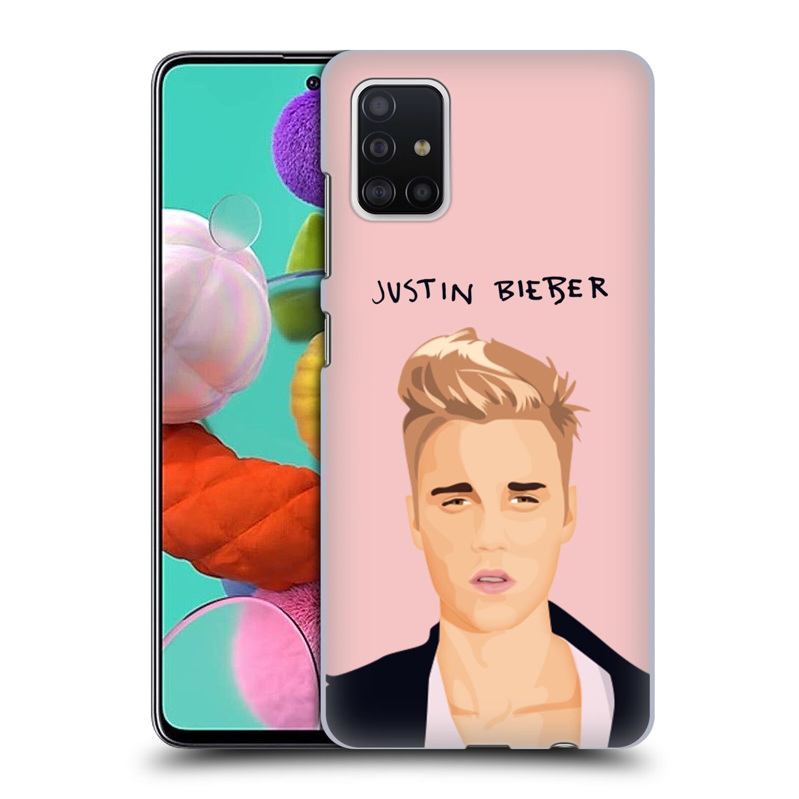 Pouzdro na mobil Samsung Galaxy A51 - HEAD CASE - Justin Bieber kreslená tvář růžové pozadí
