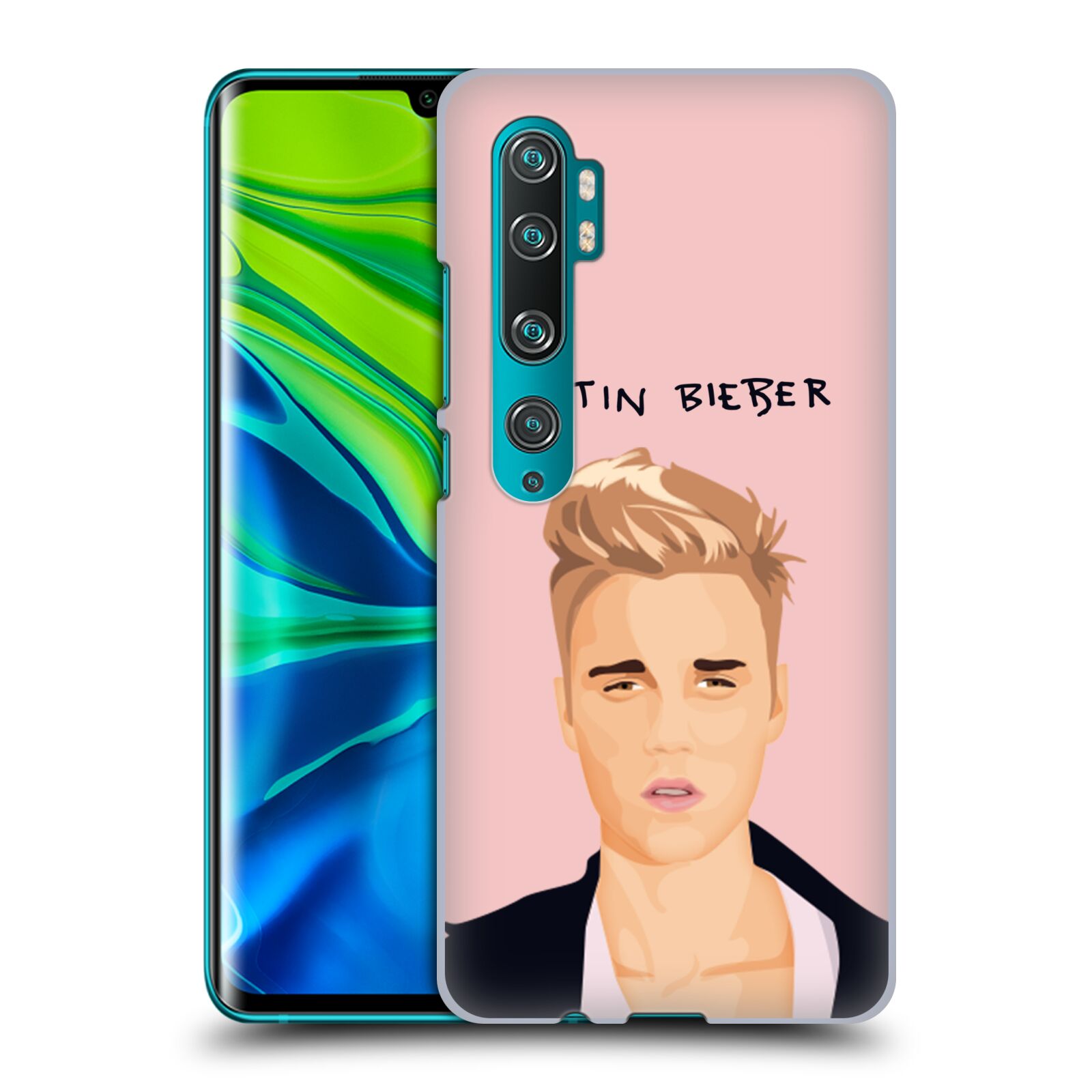 Pouzdro na mobil Xiaomi Mi Note 10 / Mi Note 10 PRO - HEAD CASE - Justin Bieber kreslená tvář růžové pozadí