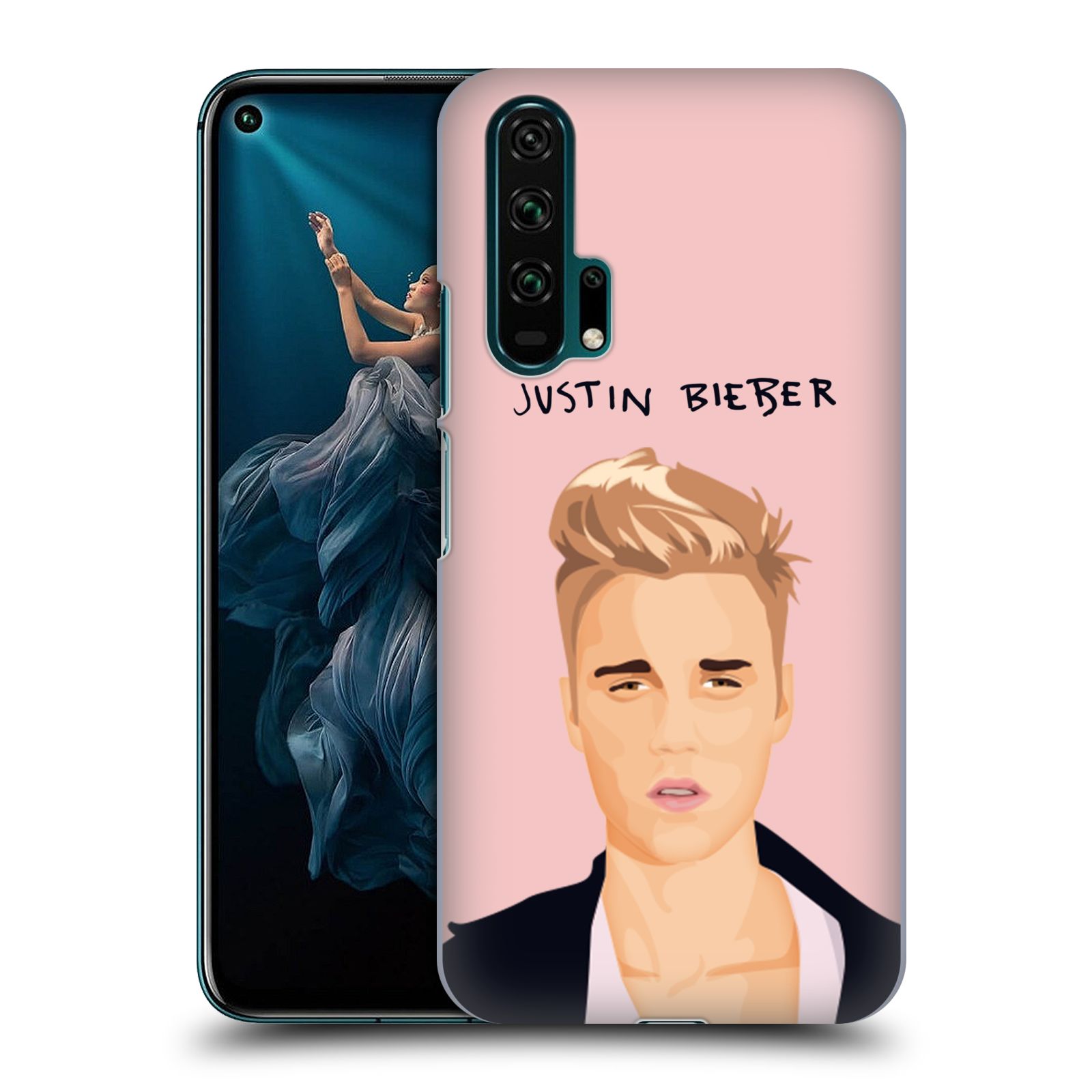 Pouzdro na mobil Honor 20 PRO - HEAD CASE - Justin Bieber kreslená tvář růžové pozadí