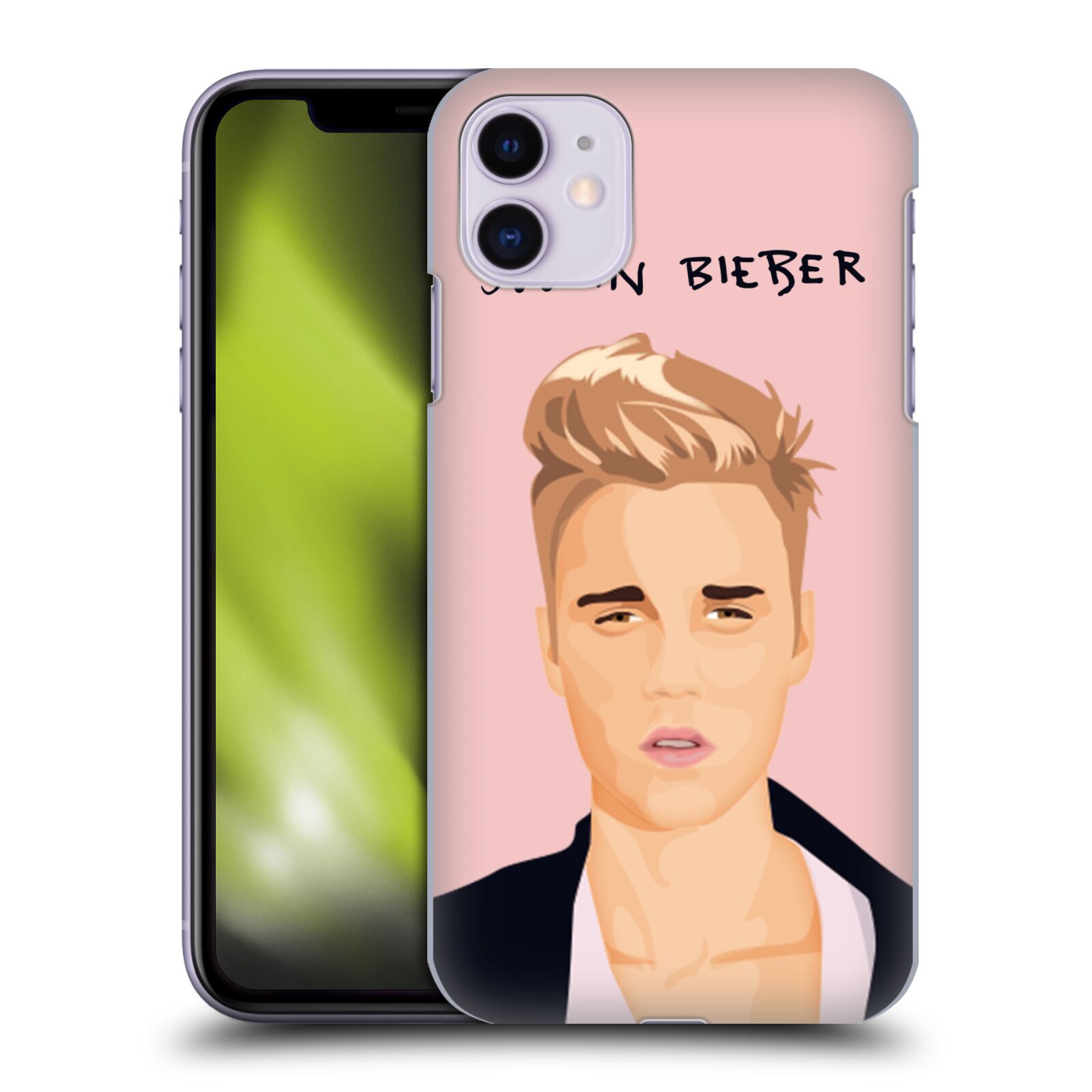 Pouzdro na mobil Apple Iphone 11 - HEAD CASE - Justin Bieber kreslená tvář růžové pozadí