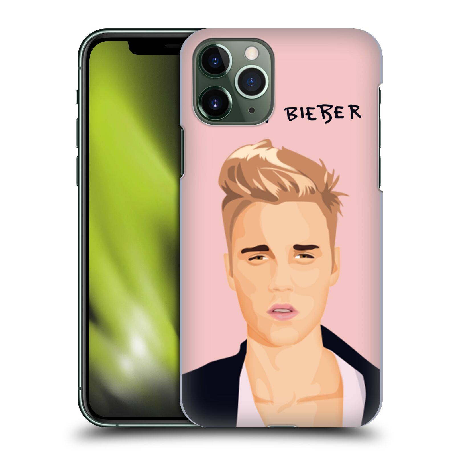 Pouzdro na mobil Apple Iphone 11 PRO - HEAD CASE - Justin Bieber kreslená tvář růžové pozadí