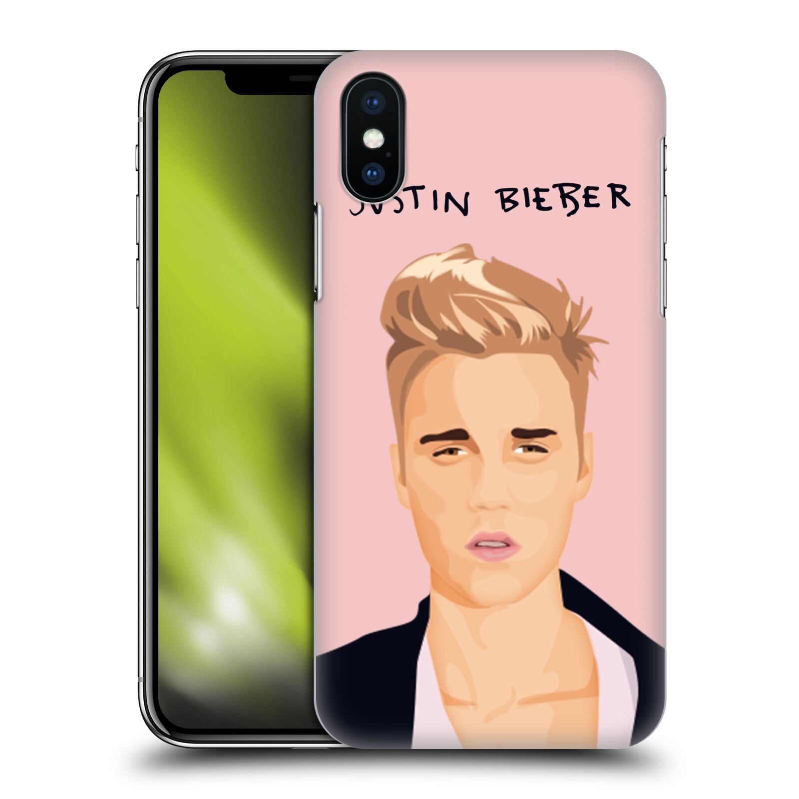 HEAD CASE plastový obal na mobil Apple Iphone X / XS Justin Bieber kreslená tvář růžové pozadí