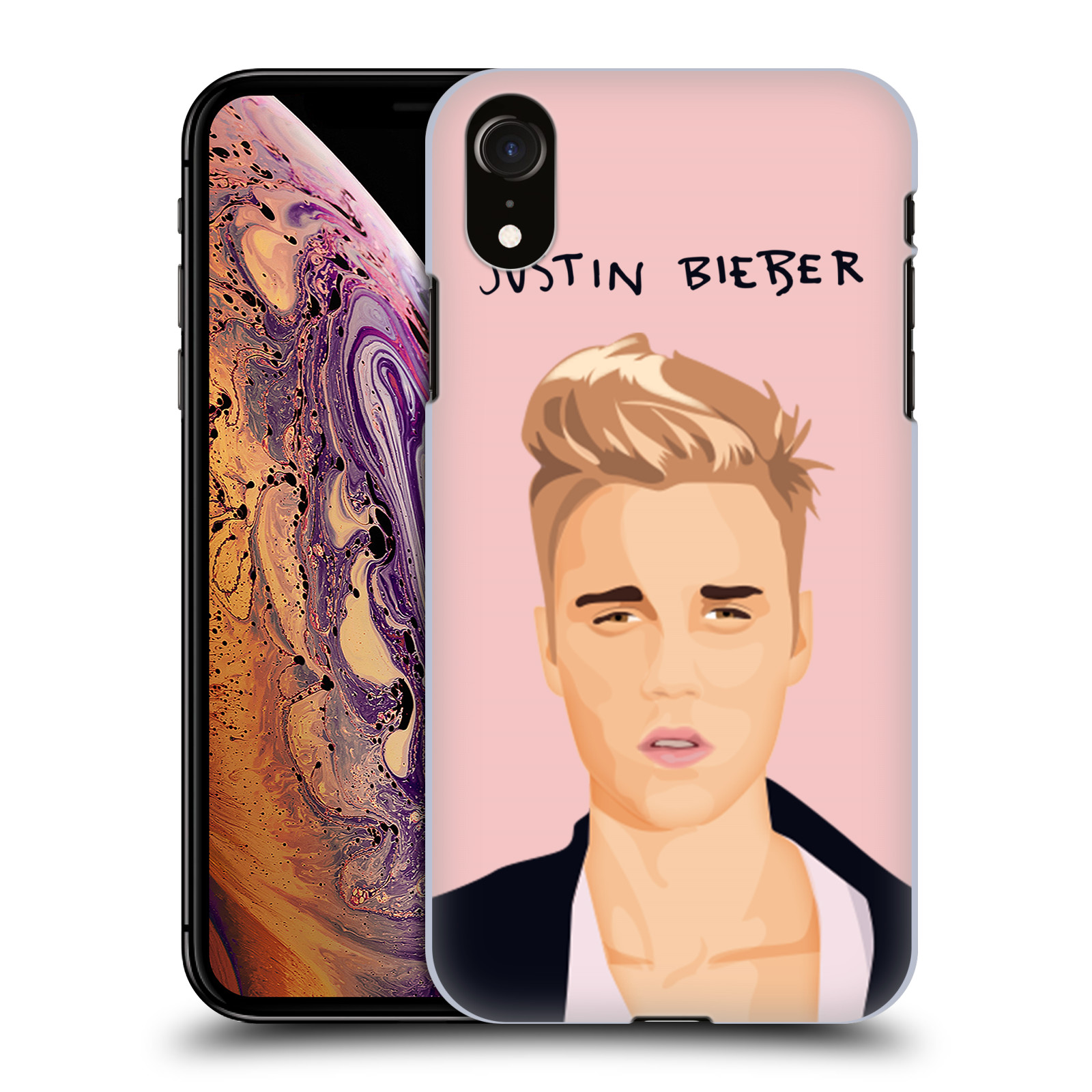 HEAD CASE plastový obal na mobil Apple Iphone XR Justin Bieber kreslená tvář růžové pozadí