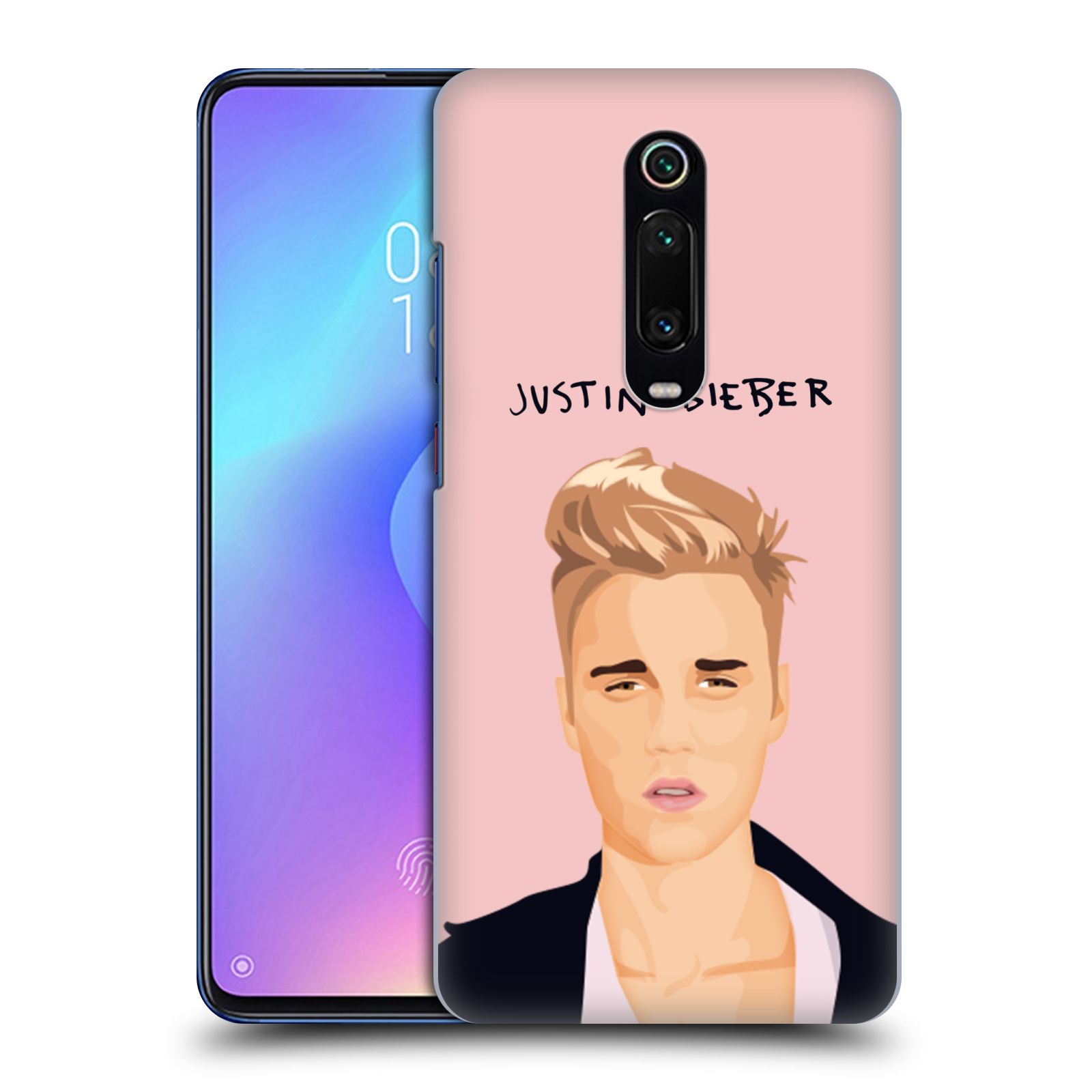 Pouzdro na mobil Xiaomi Mi 9T PRO - HEAD CASE - Justin Bieber kreslená tvář růžové pozadí