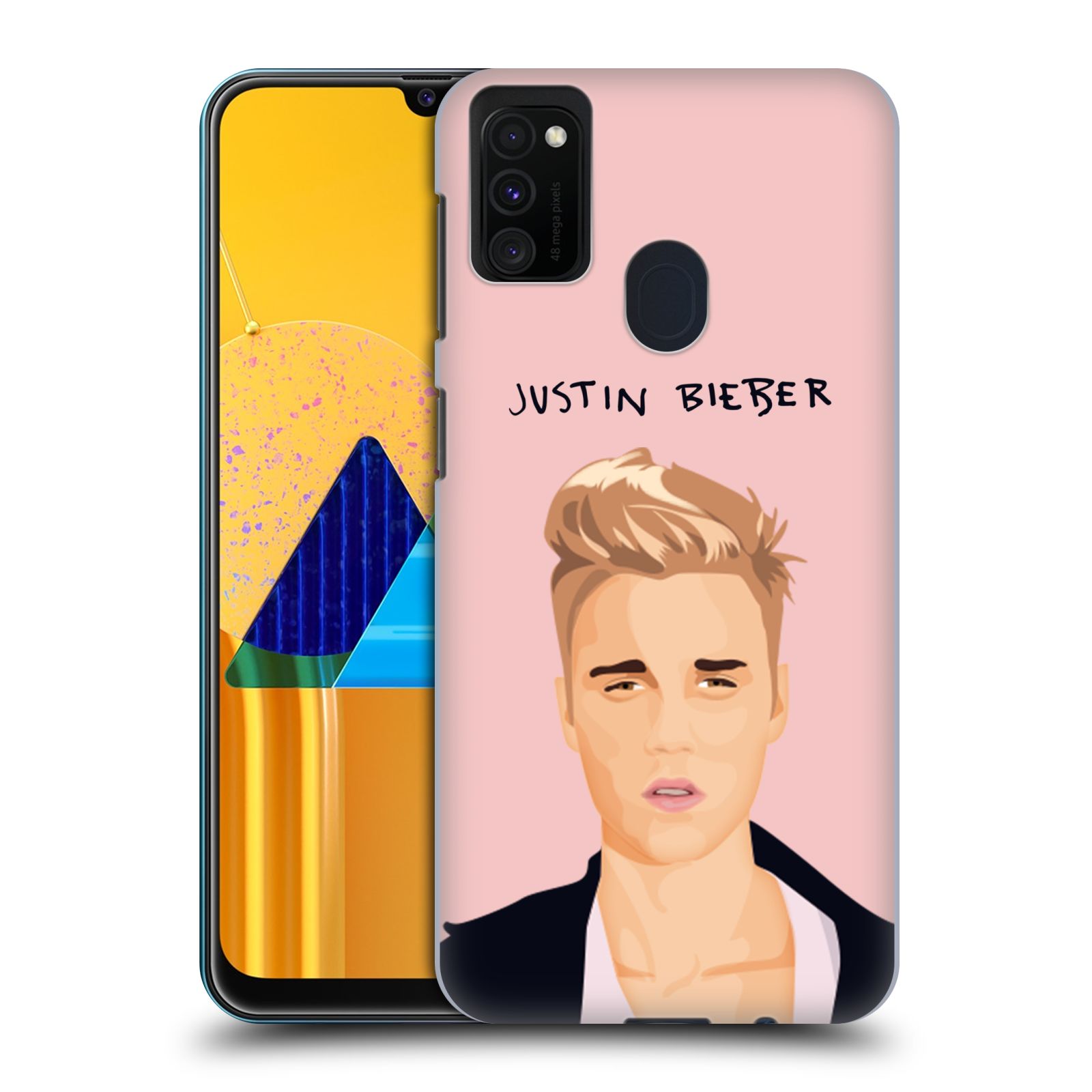 Zadní kryt na mobil Samsung Galaxy M21 Justin Bieber kreslená tvář růžové pozadí