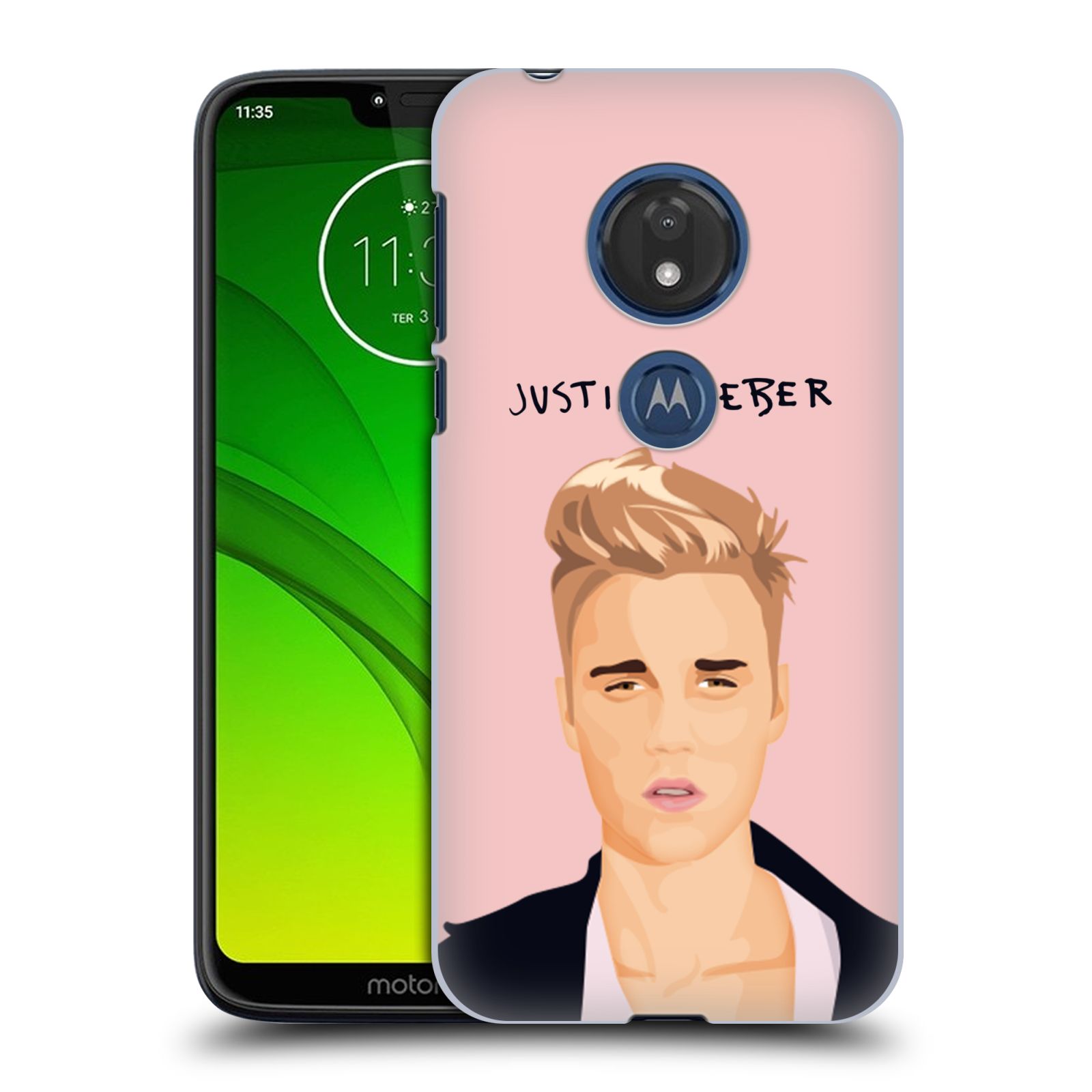 Pouzdro na mobil Motorola Moto G7 Play Justin Bieber kreslená tvář růžové pozadí