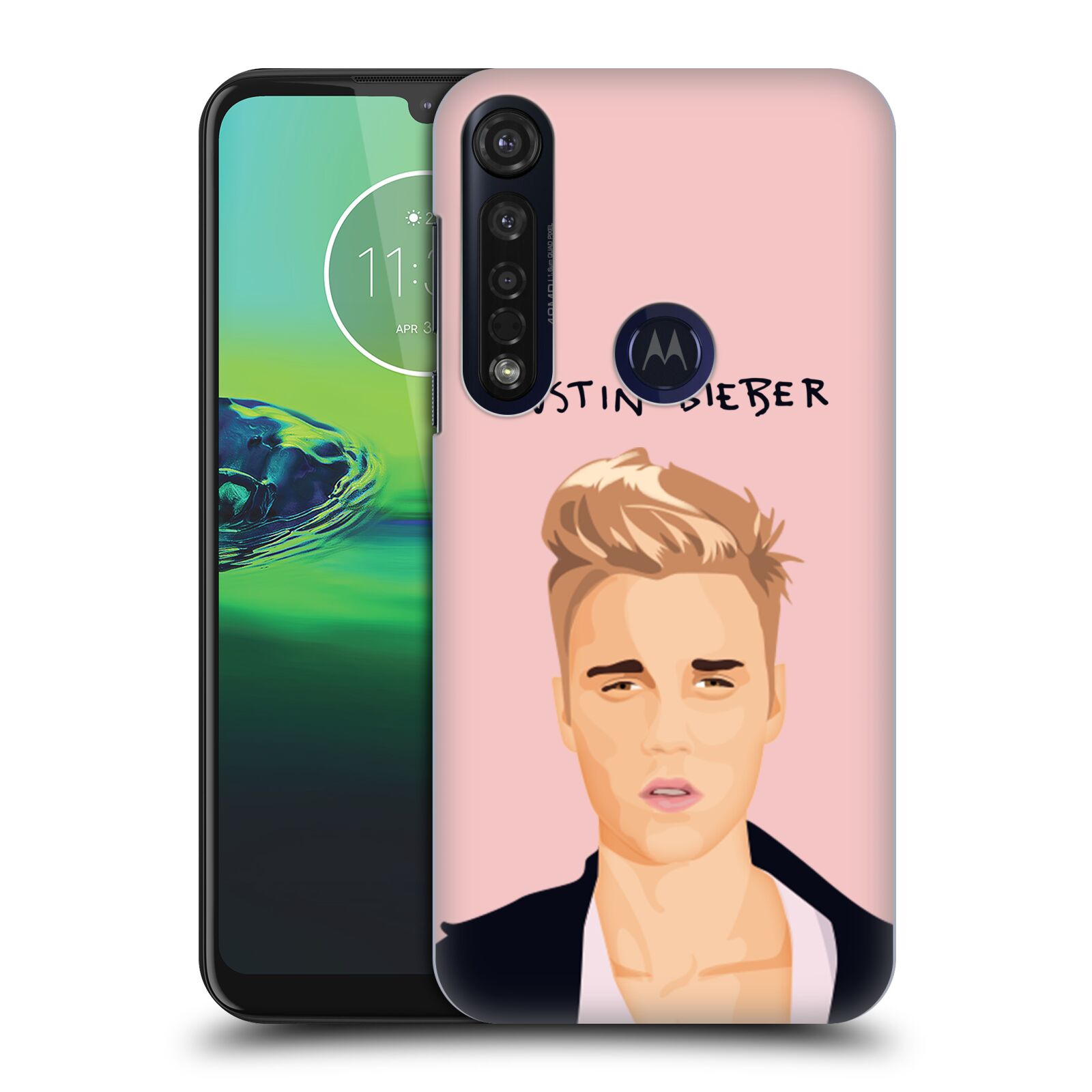 Pouzdro na mobil Motorola Moto G8 PLUS - HEAD CASE - Justin Bieber kreslená tvář růžové pozadí