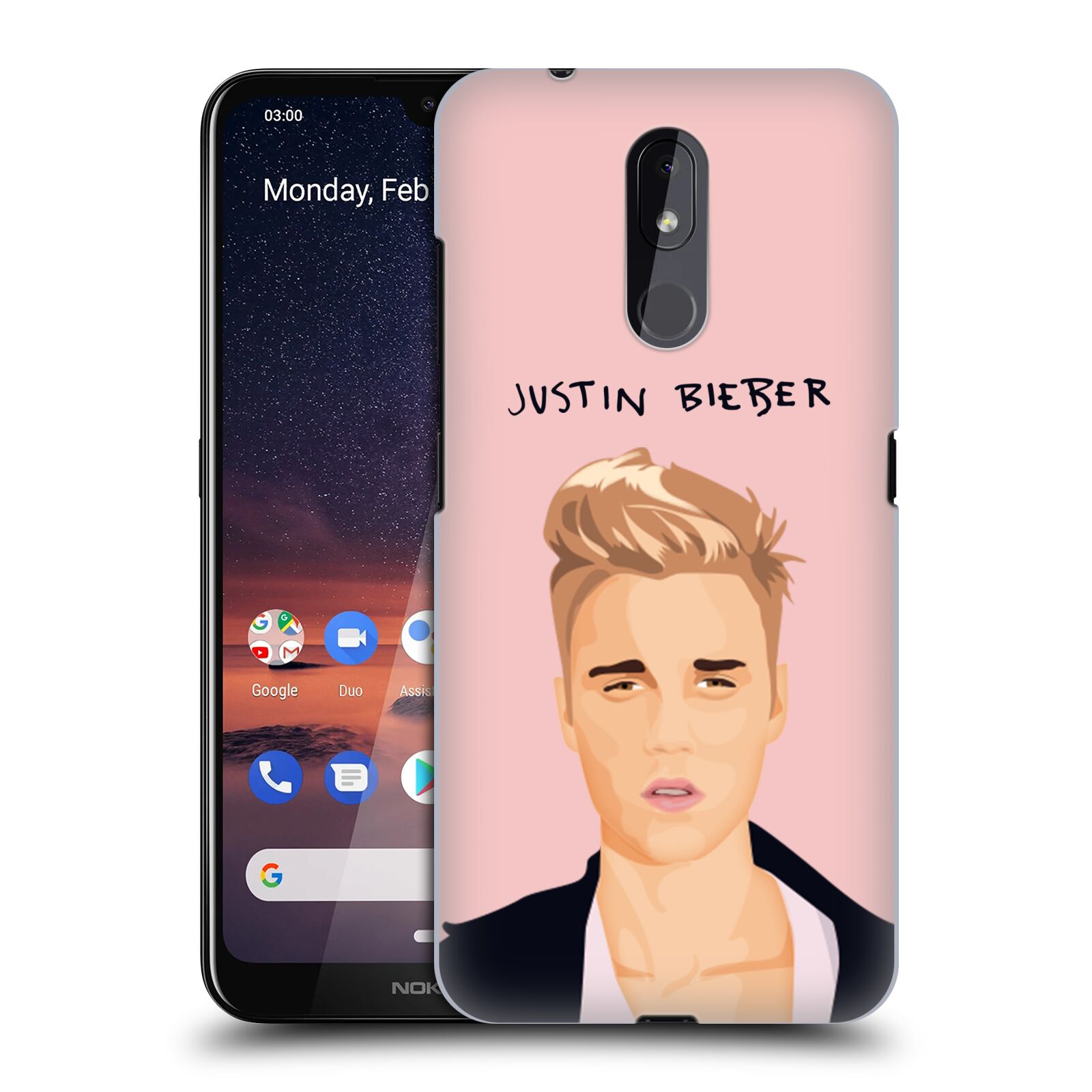 Pouzdro na mobil Nokia 3.2 - HEAD CASE - Justin Bieber kreslená tvář růžové pozadí