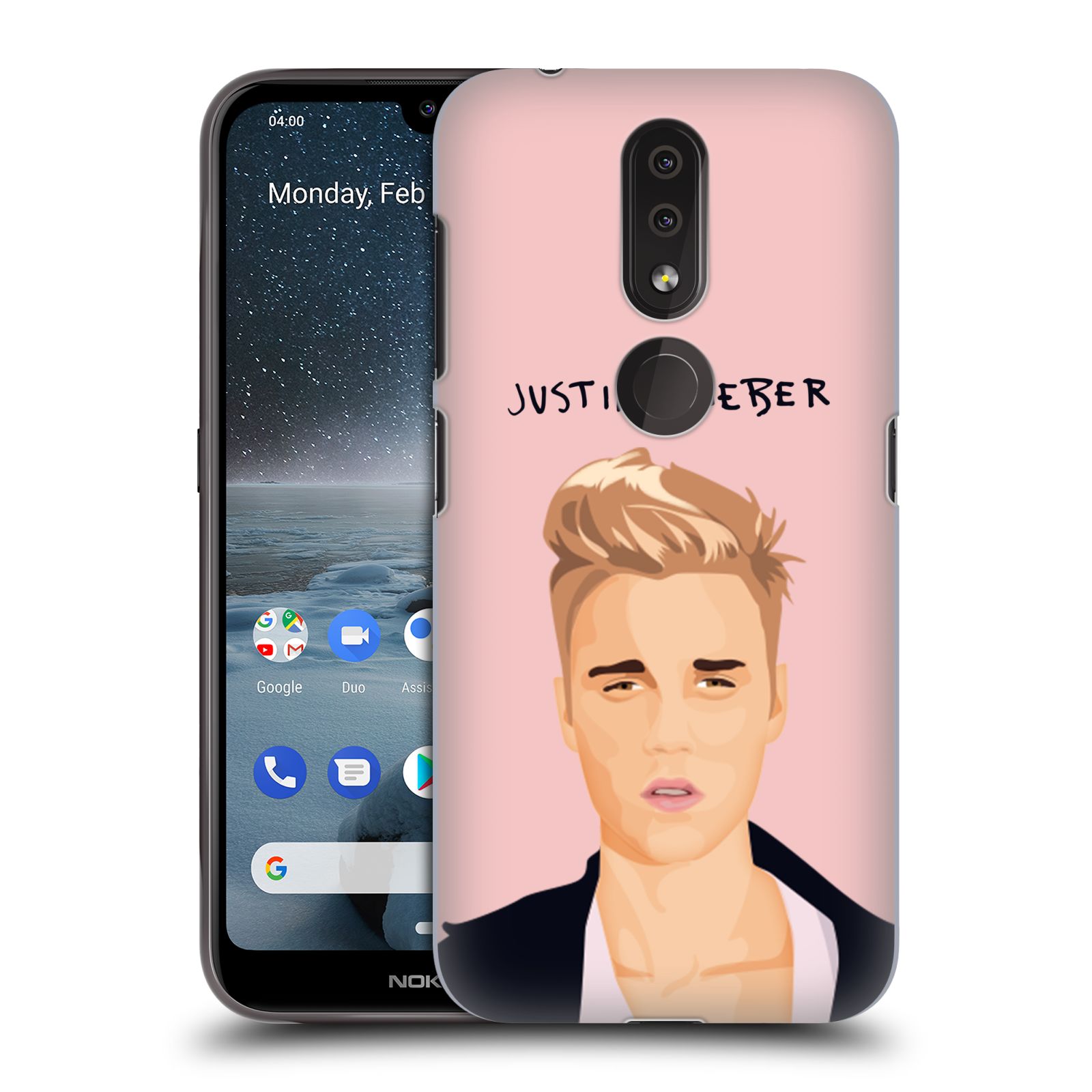Pouzdro na mobil Nokia 4.2 - HEAD CASE - Justin Bieber kreslená tvář růžové pozadí