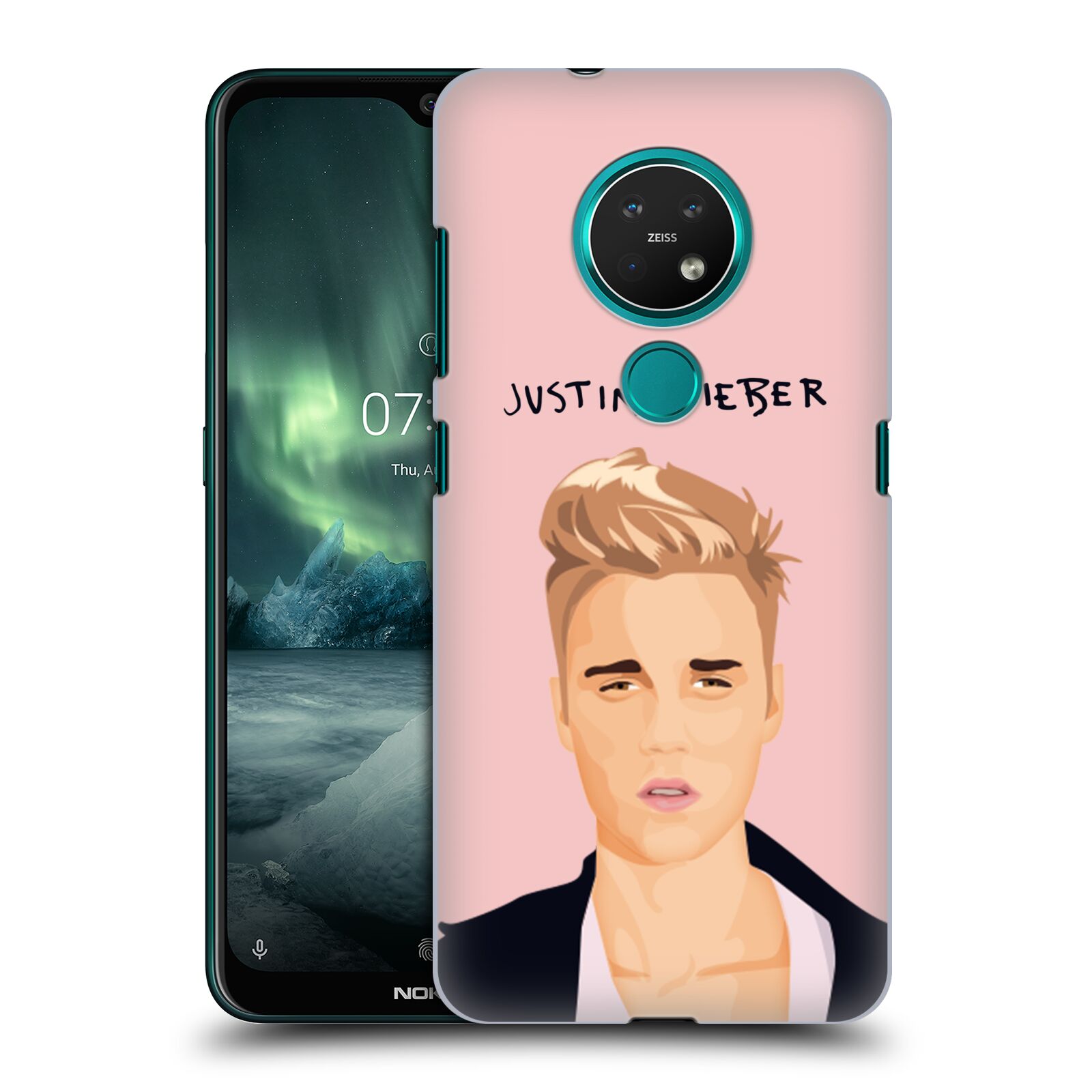 Pouzdro na mobil NOKIA 7.2 - HEAD CASE - Justin Bieber kreslená tvář růžové pozadí