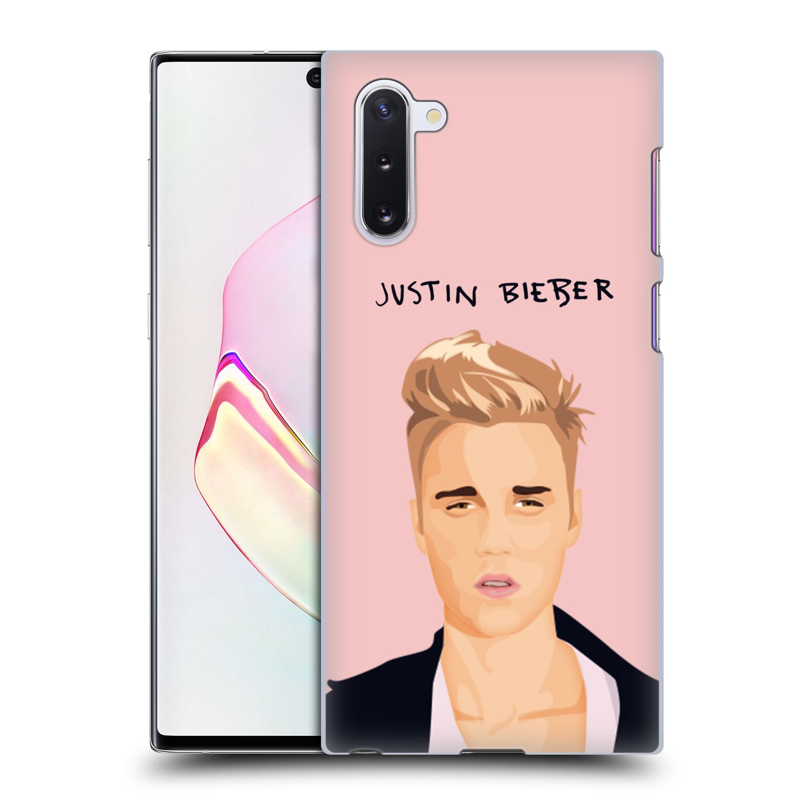 Pouzdro na mobil Samsung Galaxy Note 10 - HEAD CASE - Justin Bieber kreslená tvář růžové pozadí