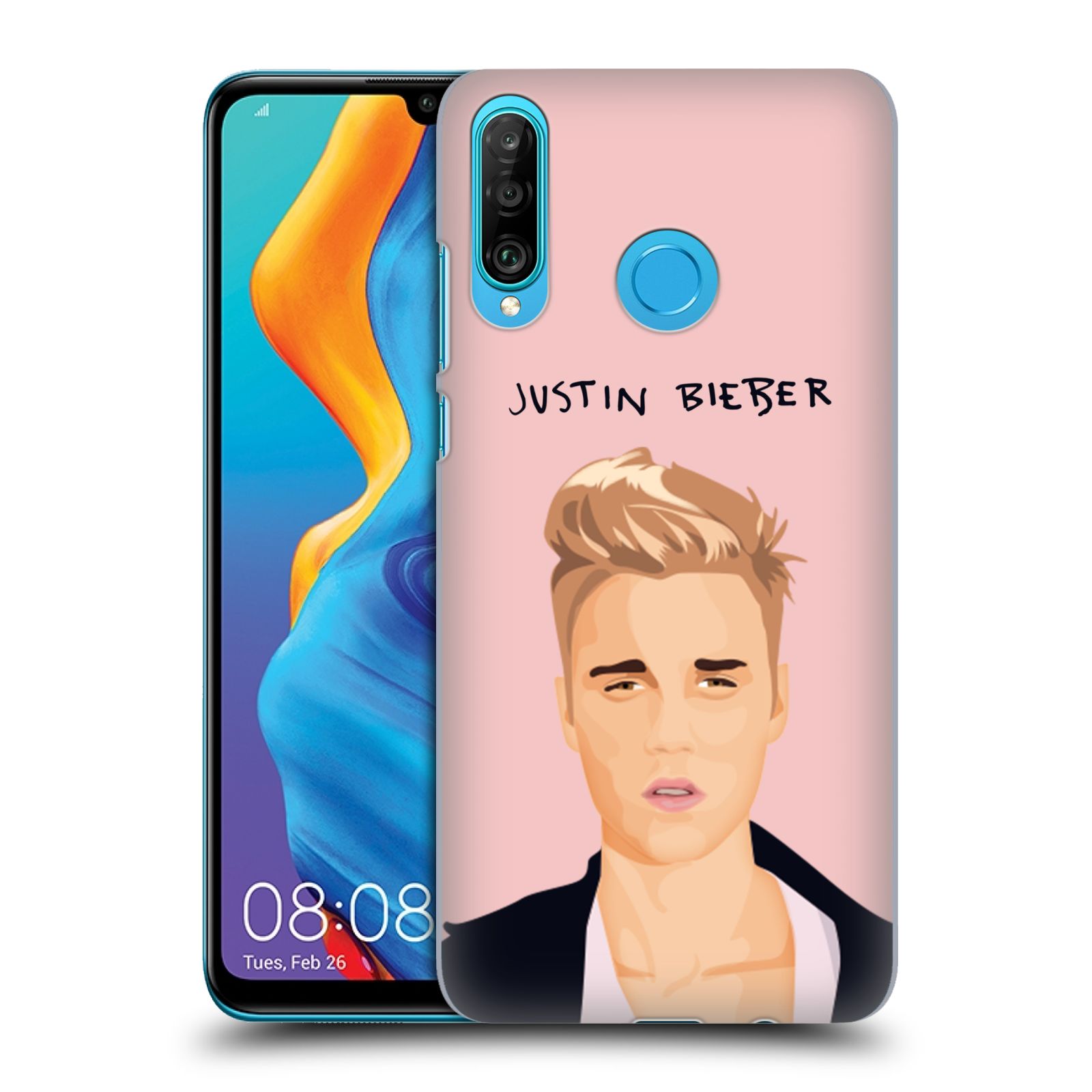 Pouzdro na mobil Huawei P30 LITE - HEAD CASE - Justin Bieber kreslená tvář růžové pozadí
