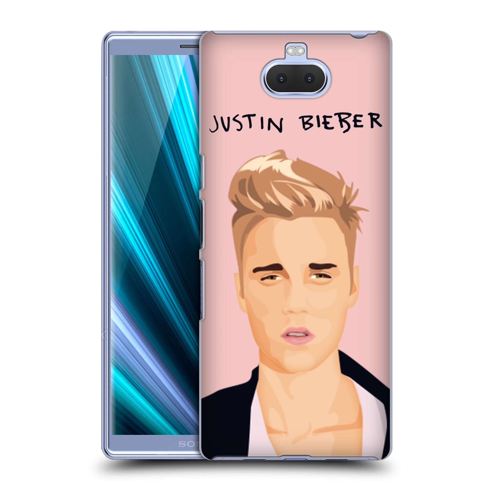 Pouzdro na mobil Sony Xperia 10 - Head Case - Justin Bieber kreslená tvář růžové pozadí