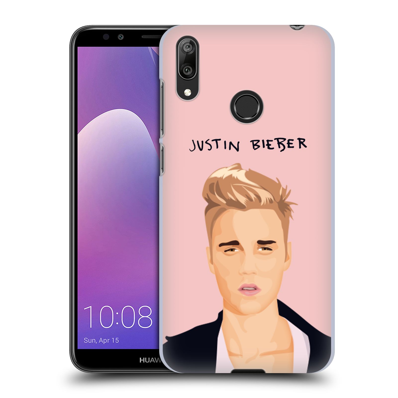 Pouzdro na mobil Huawei Y7 2019 - Head Case - Justin Bieber kreslená tvář růžové pozadí