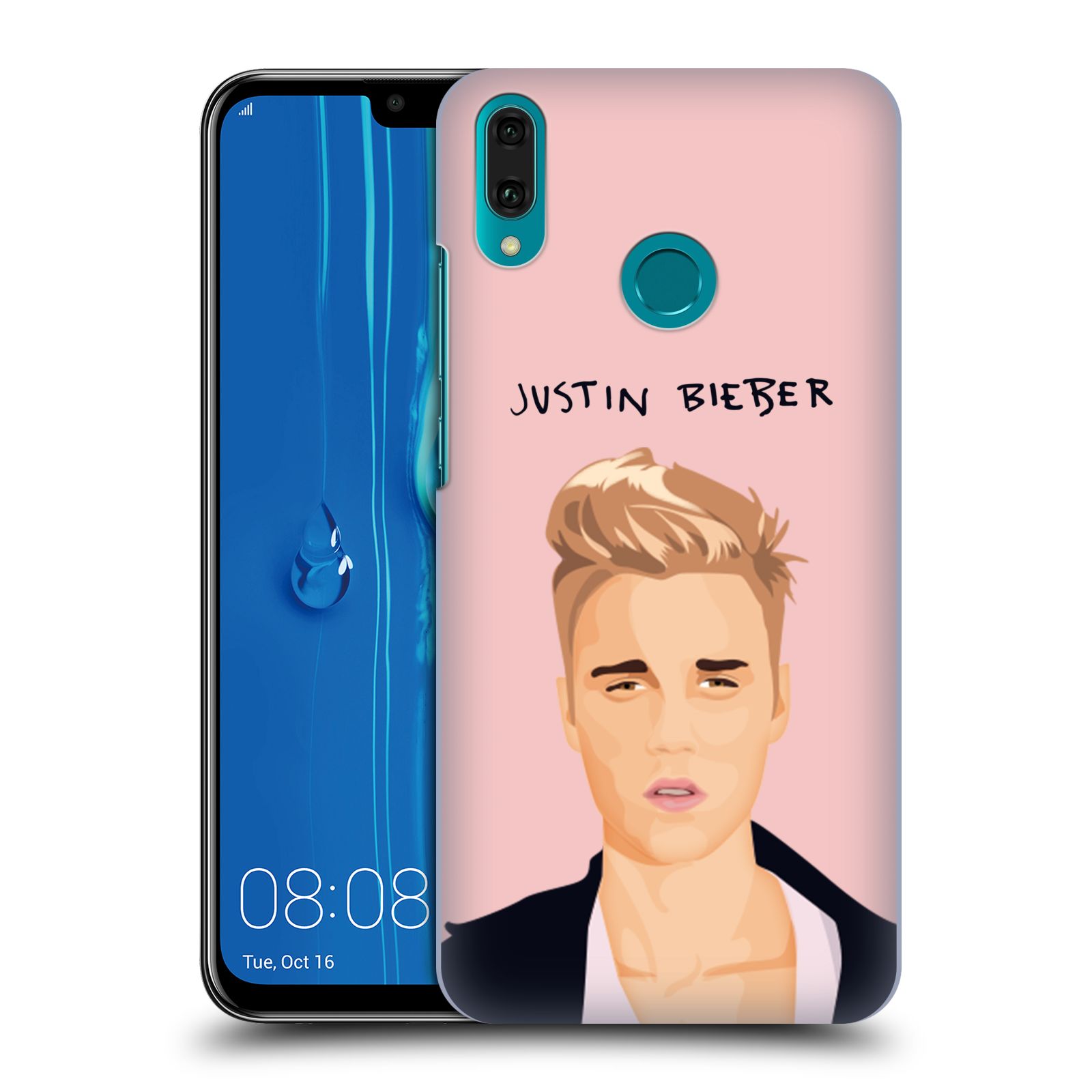 Pouzdro na mobil Huawei Y9 2019 - HEAD CASE - Justin Bieber kreslená tvář růžové pozadí